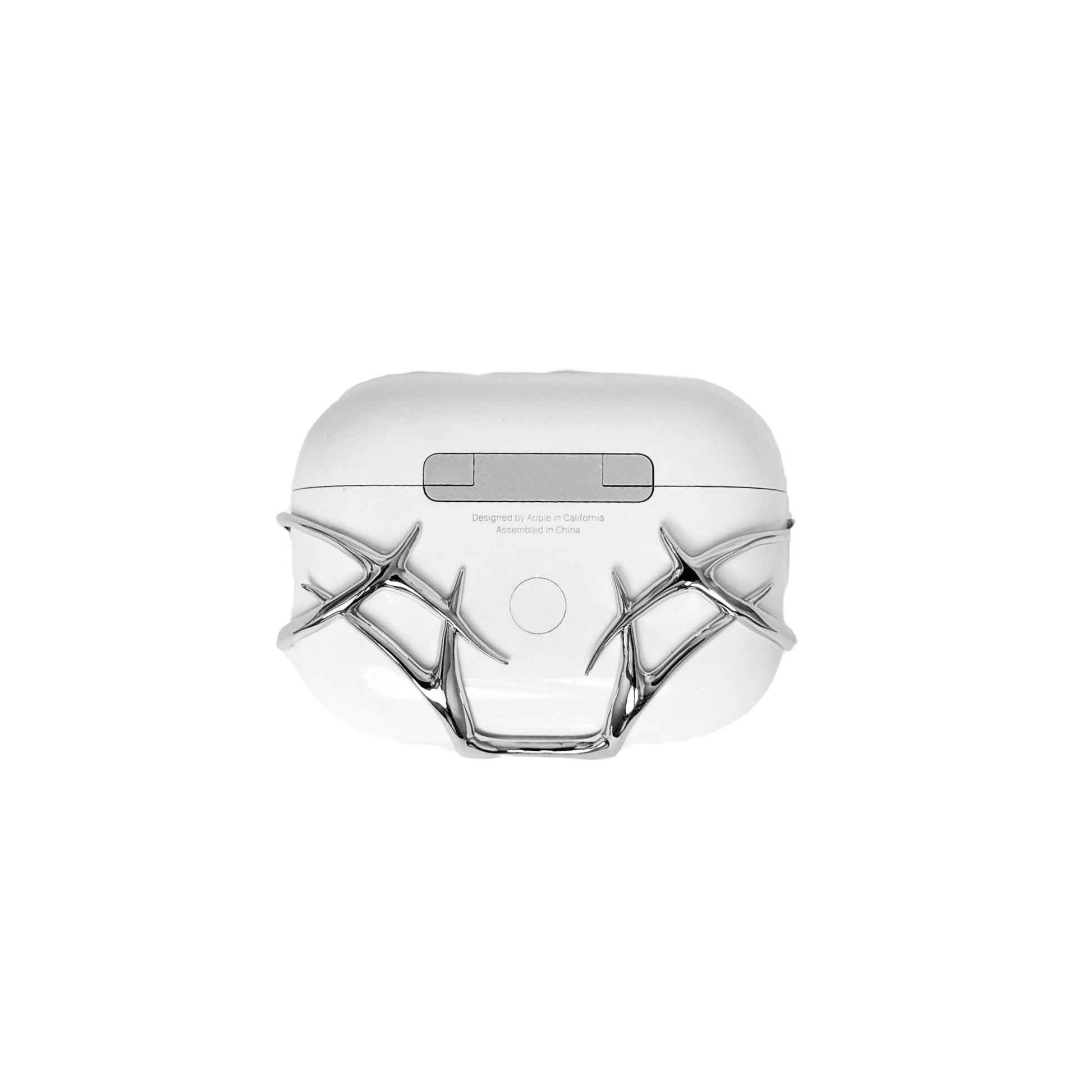 The XTENDED iDENTiTY Cyber Thorn AirPods Cover, a collection showcasing a fractal-like, aggressive metallic exoskeleton structure that fully encases the AirPods case. Available finishes include Shadow Black, Liquid Silver, and Molten Gold, all emphasizing the sharp, futuristic, protective armor design.