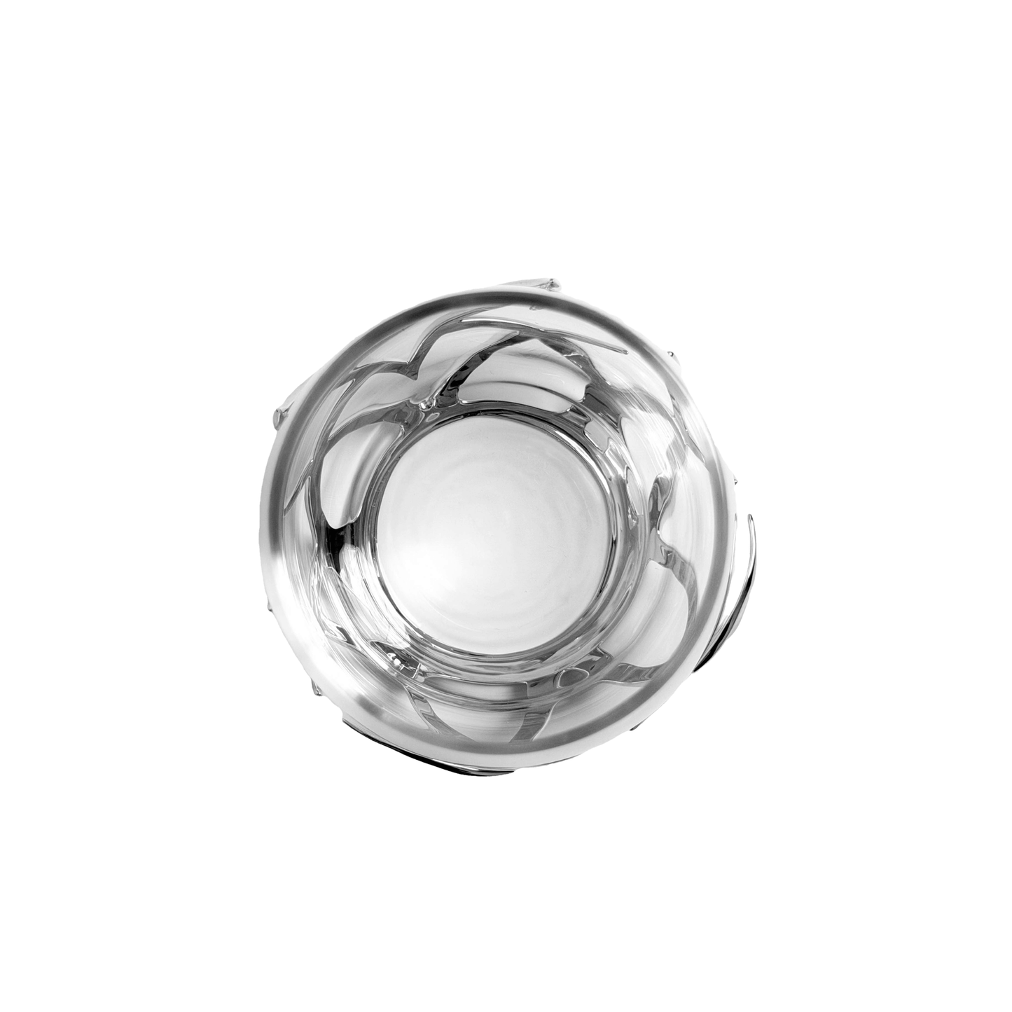Clear glass bowl with reflective interior on a white background