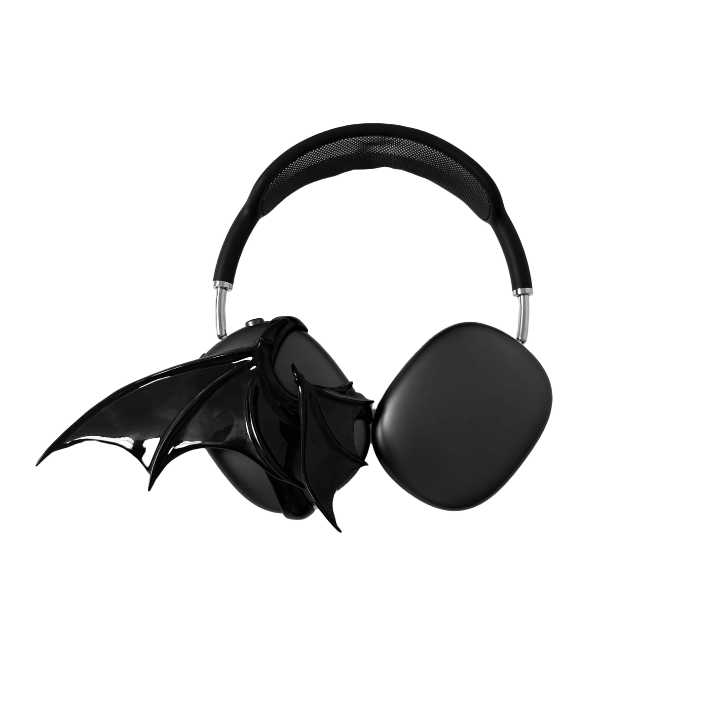A high-fashion 3D attachment for AirPods Max headphones featuring sharp, sculpted demon wings. Available in two finishes: a high-shine Reflective Silver Chrome and a sleek Obsidian Black. The design is shown as both a single asymmetrical attachment and a symmetrical pair wrapping around the headphone ear cups.