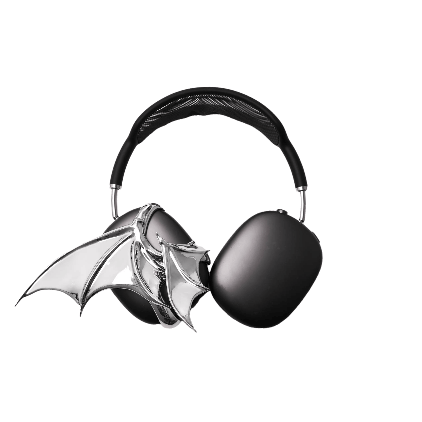 A high-fashion 3D attachment for AirPods Max headphones featuring sharp, sculpted demon wings. Available in two finishes: a high-shine Reflective Silver Chrome and a sleek Obsidian Black. The design is shown as both a single asymmetrical attachment and a symmetrical pair wrapping around the headphone ear cups.