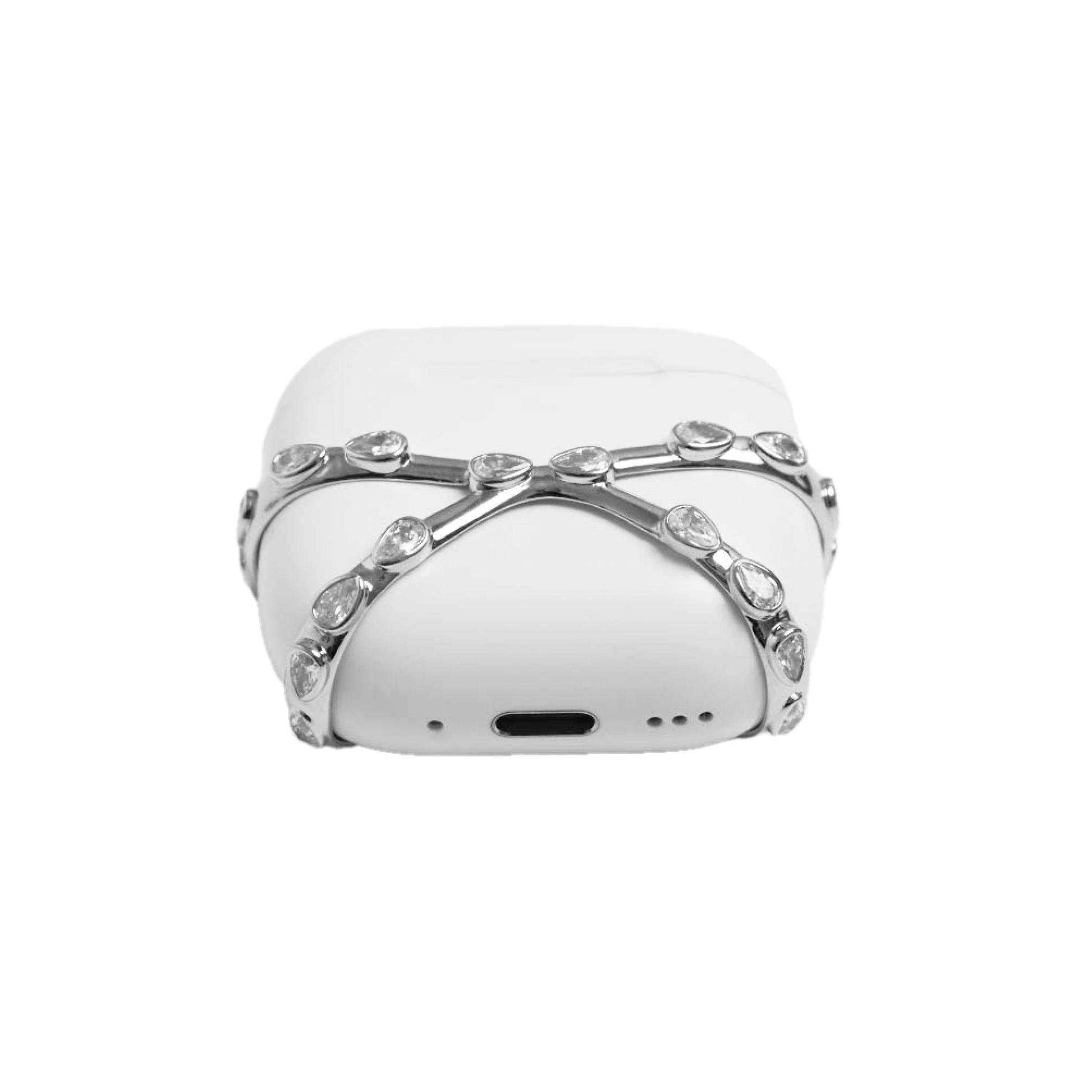 A minimalist, luxury AirPods cover featuring a crisscross metallic frame encrusted with small white crystals. The design is shown in a reflective Silver Chrome finish, wrapping around the white AirPods case, compatible with AirPods 4 and Pro models.