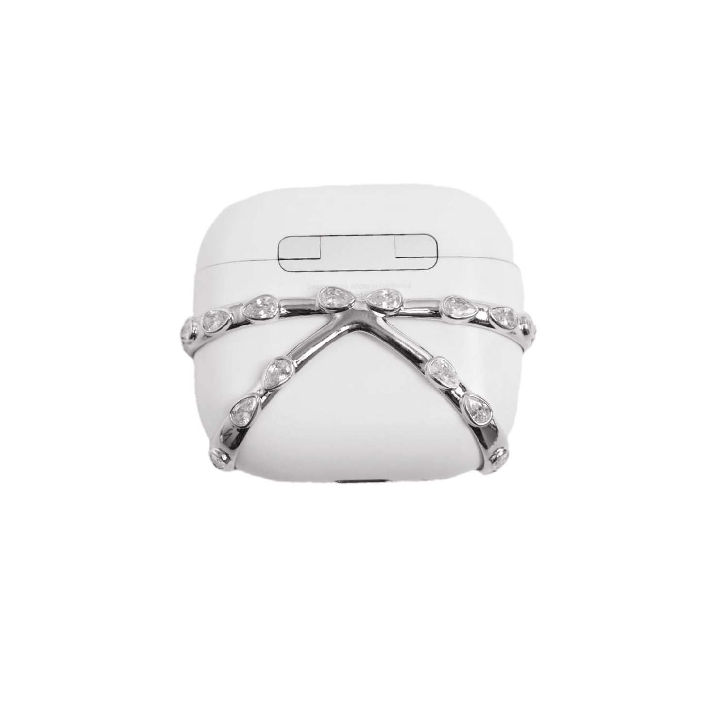 A minimalist, luxury AirPods cover featuring a crisscross metallic frame encrusted with small white crystals. The design is shown in a reflective Silver Chrome finish, wrapping around the white AirPods case, compatible with AirPods 4 and Pro models.