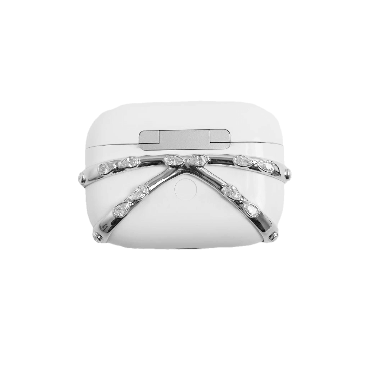A minimalist, luxury AirPods cover featuring a crisscross metallic frame encrusted with small white crystals. The design is shown in a reflective Silver Chrome finish, wrapping around the white AirPods case, compatible with AirPods 4 and Pro models.