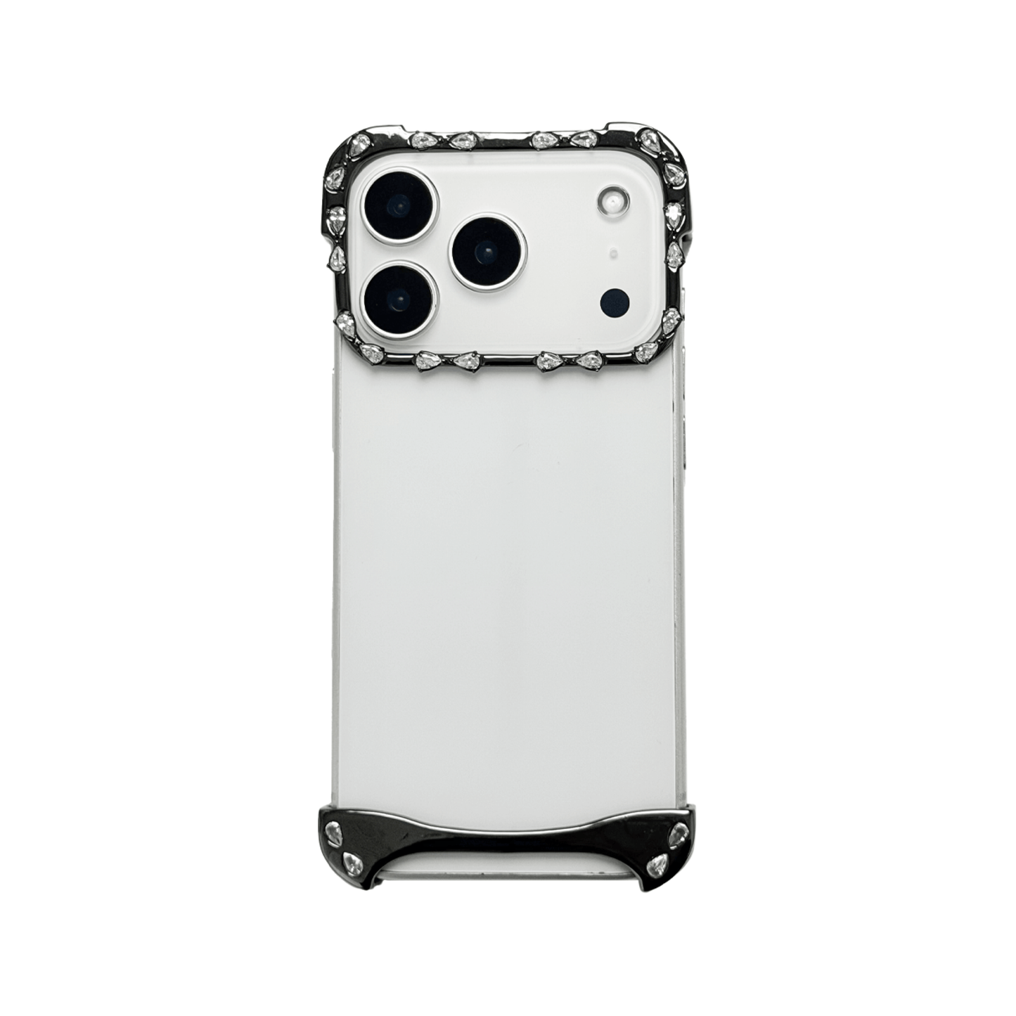 iPhone case with segmented silver chrome frame and embedded crystal studs, creating a minimalist, jewelry-inspired protective design.
