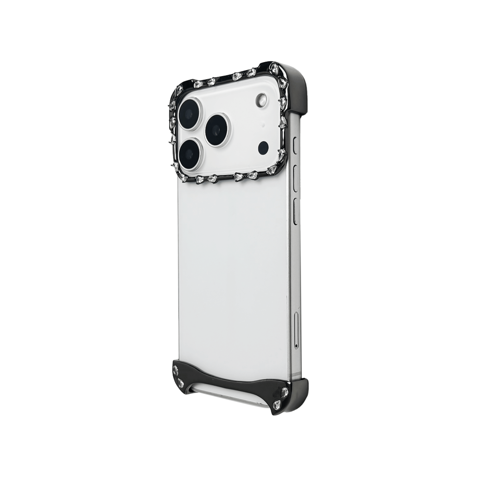 iPhone case with segmented silver chrome frame and embedded crystal studs, creating a minimalist, jewelry-inspired protective design.