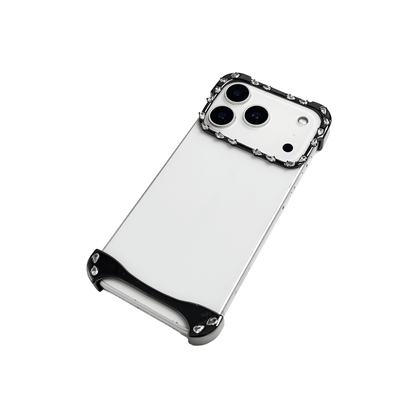 iPhone case with segmented silver chrome frame and embedded crystal studs, creating a minimalist, jewelry-inspired protective design.