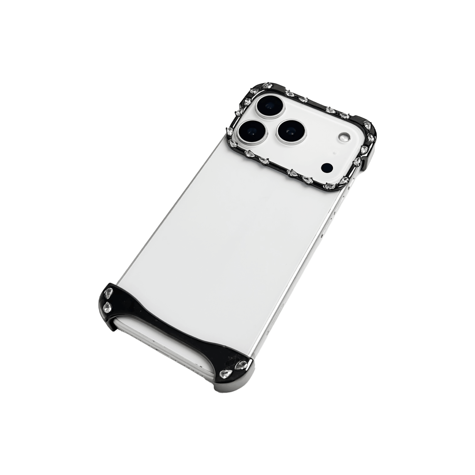 iPhone case with segmented silver chrome frame and embedded crystal studs, creating a minimalist, jewelry-inspired protective design.