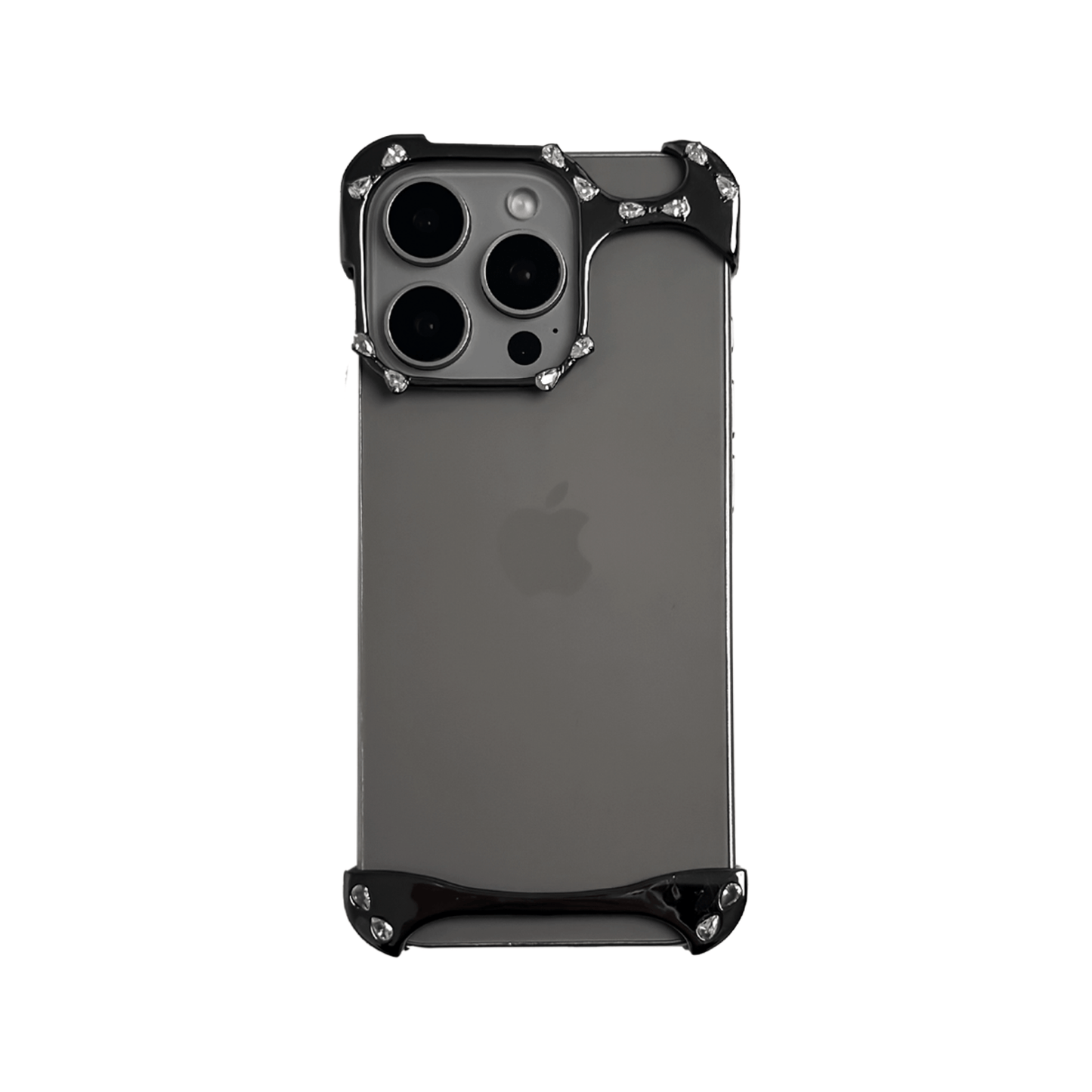iPhone case with segmented silver chrome frame and embedded crystal studs, creating a minimalist, jewelry-inspired protective design.