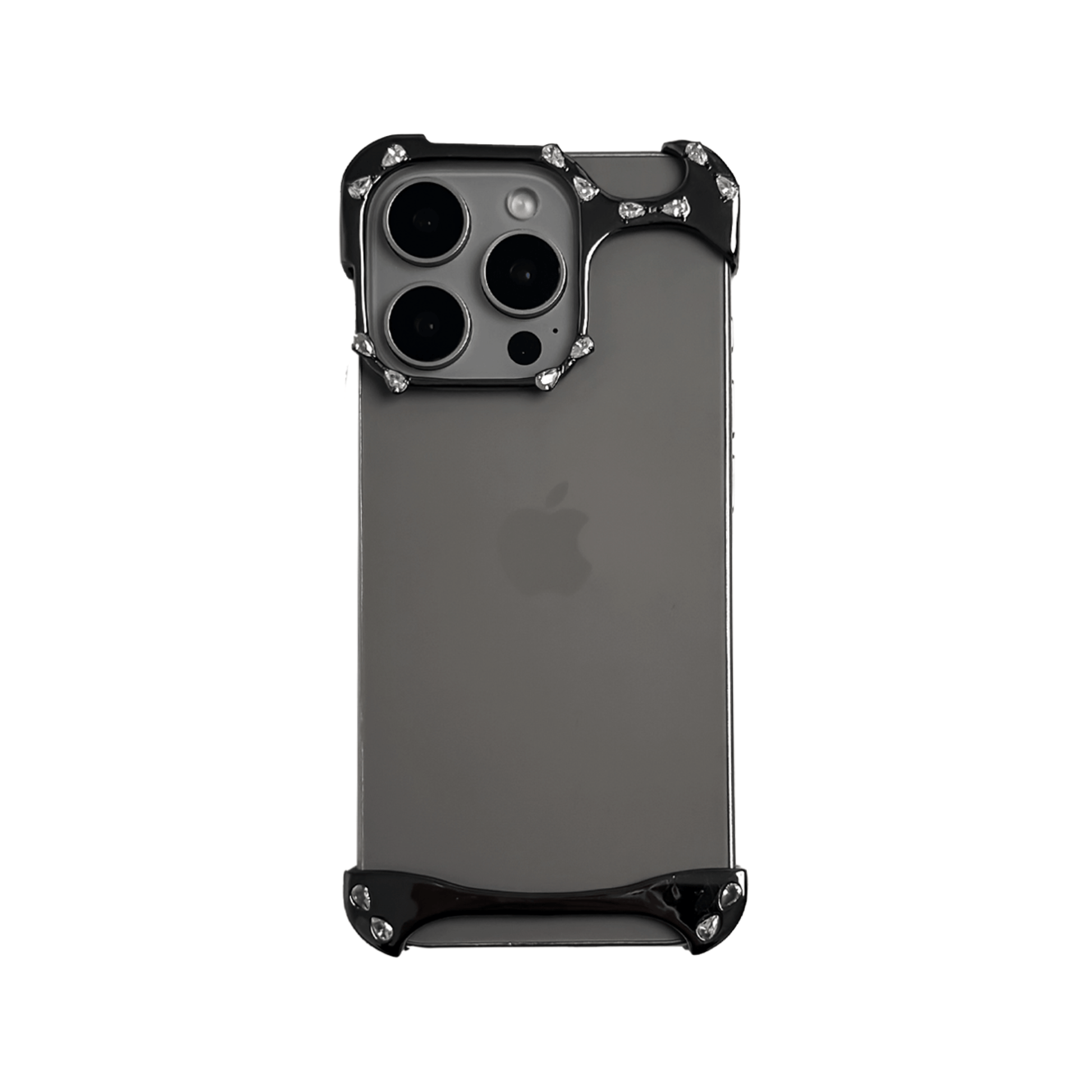 iPhone case with segmented silver chrome frame and embedded crystal studs, creating a minimalist, jewelry-inspired protective design.