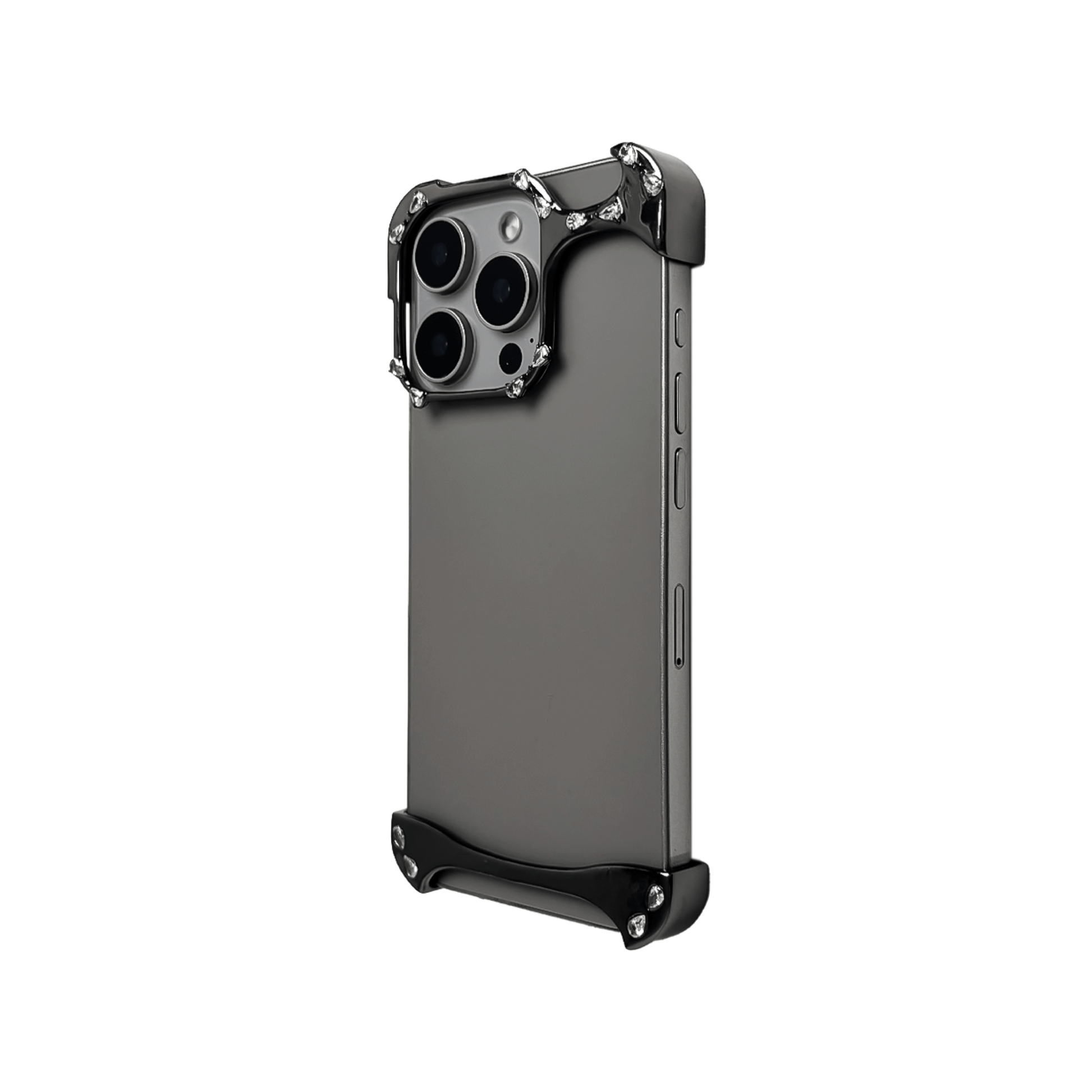 iPhone case with segmented silver chrome frame and embedded crystal studs, creating a minimalist, jewelry-inspired protective design.