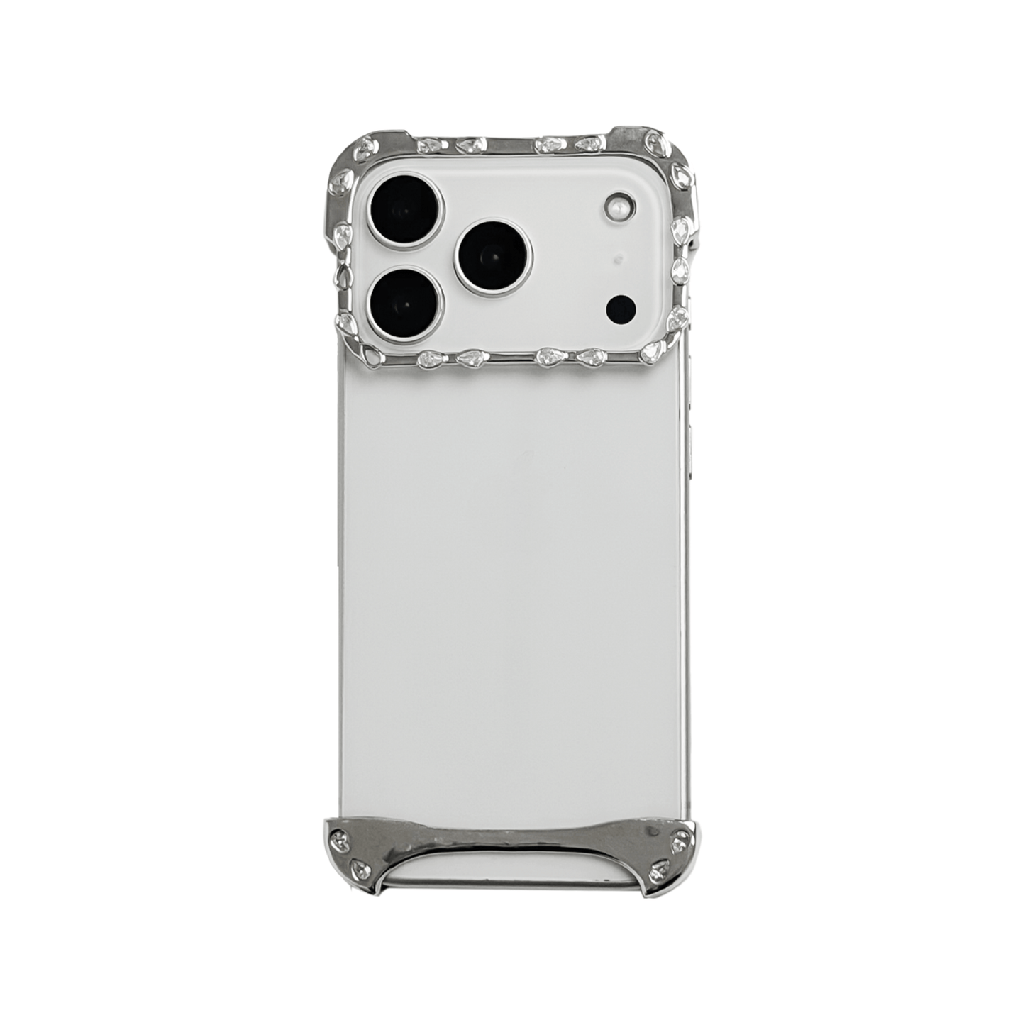 iPhone case with segmented silver chrome frame and embedded crystal studs, creating a minimalist, jewelry-inspired protective design.