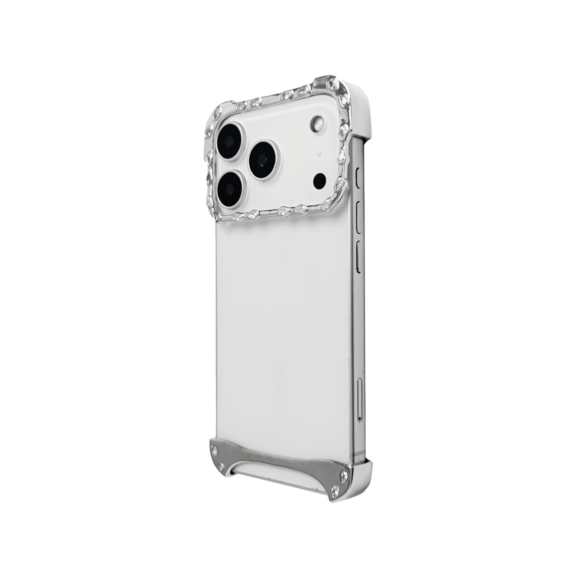 iPhone case with segmented silver chrome frame and embedded crystal studs, creating a minimalist, jewelry-inspired protective design.