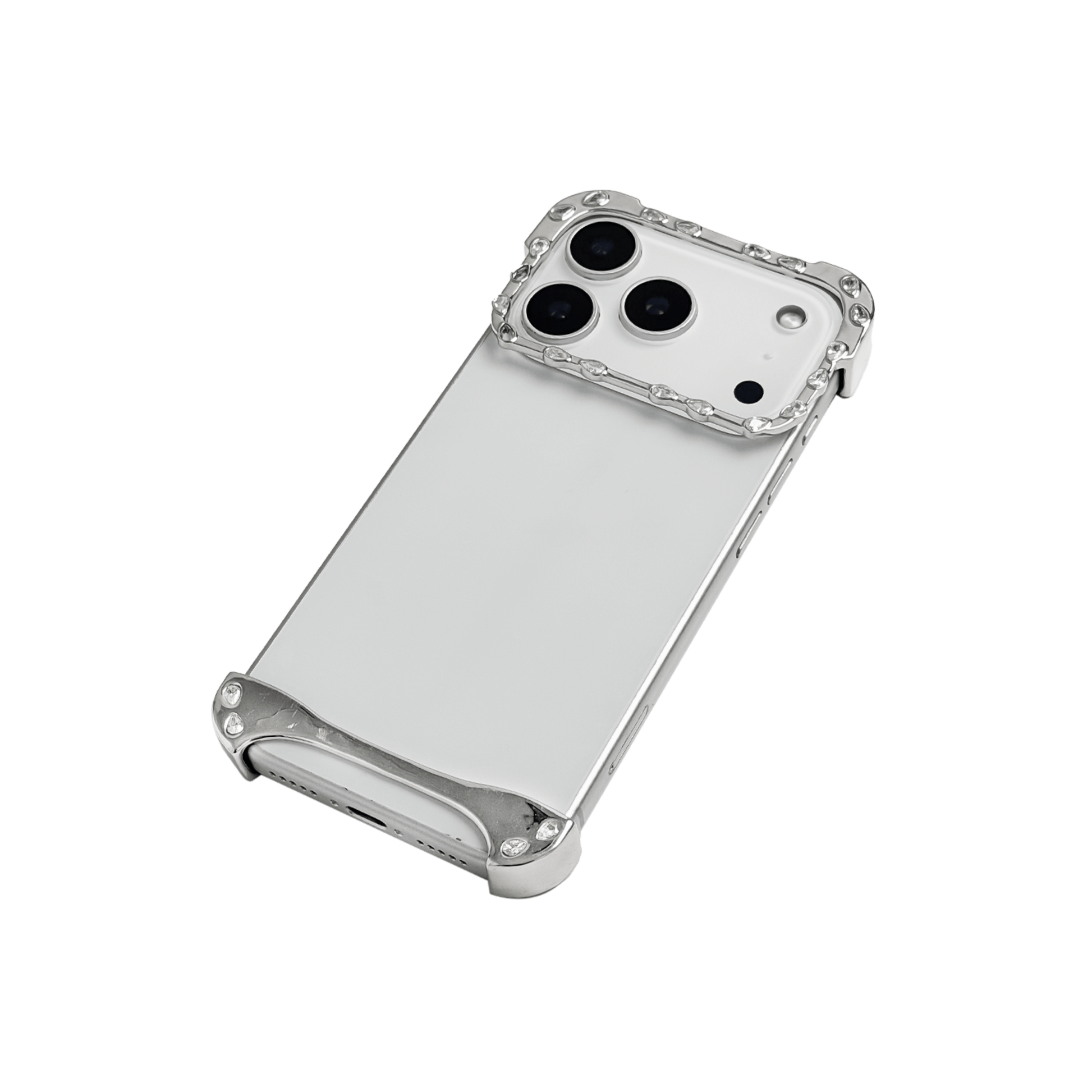 iPhone case with segmented silver chrome frame and embedded crystal studs, creating a minimalist, jewelry-inspired protective design.