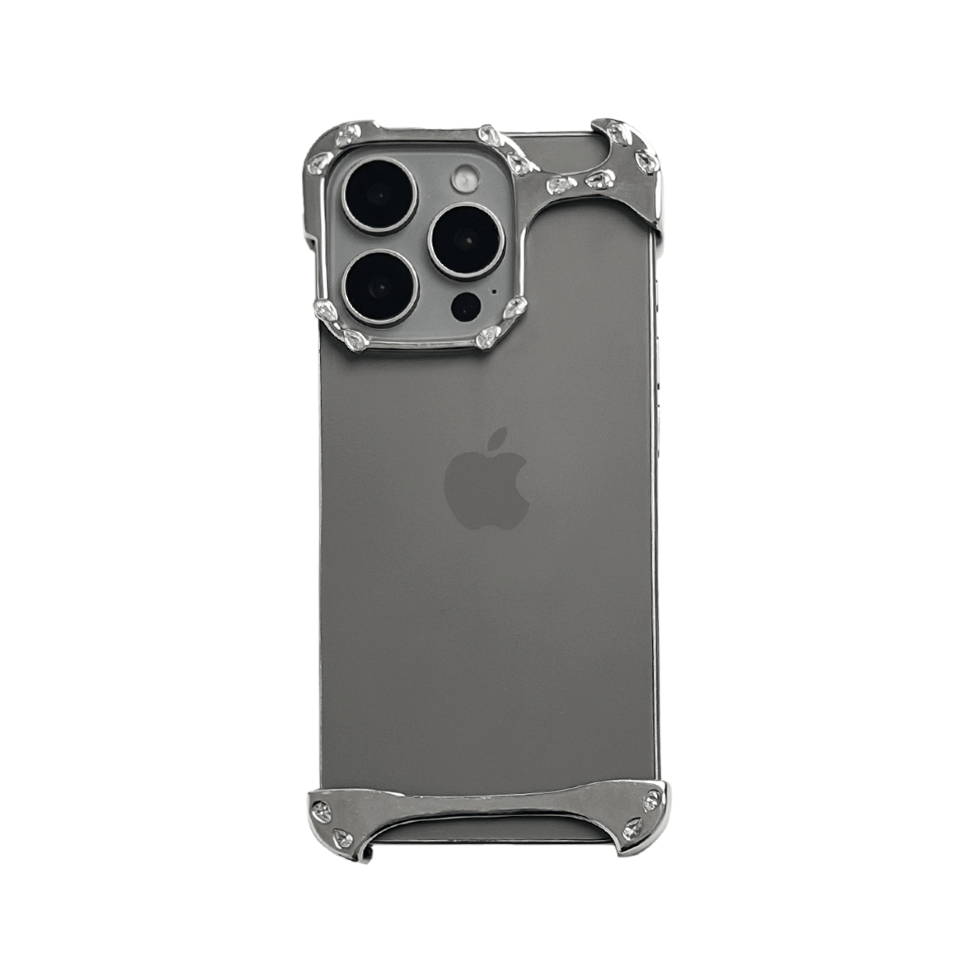iPhone case with segmented silver chrome frame and embedded crystal studs, creating a minimalist, jewelry-inspired protective design.