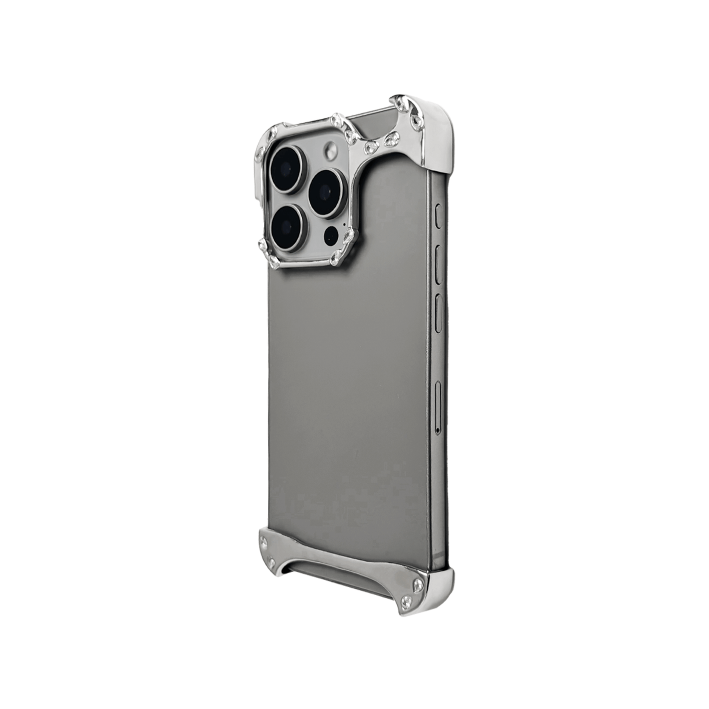 iPhone case with segmented silver chrome frame and embedded crystal studs, creating a minimalist, jewelry-inspired protective design.