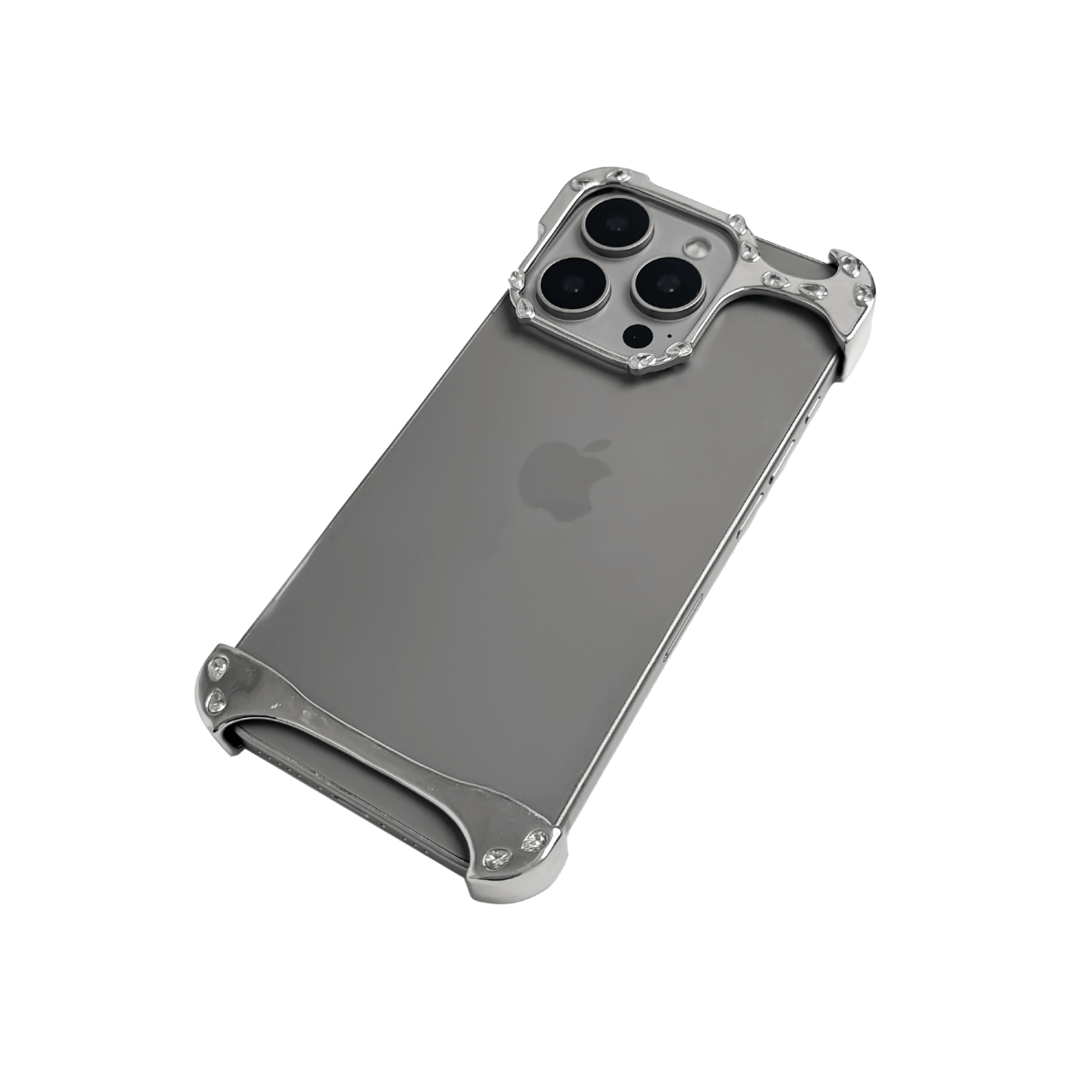iPhone case with segmented silver chrome frame and embedded crystal studs, creating a minimalist, jewelry-inspired protective design.