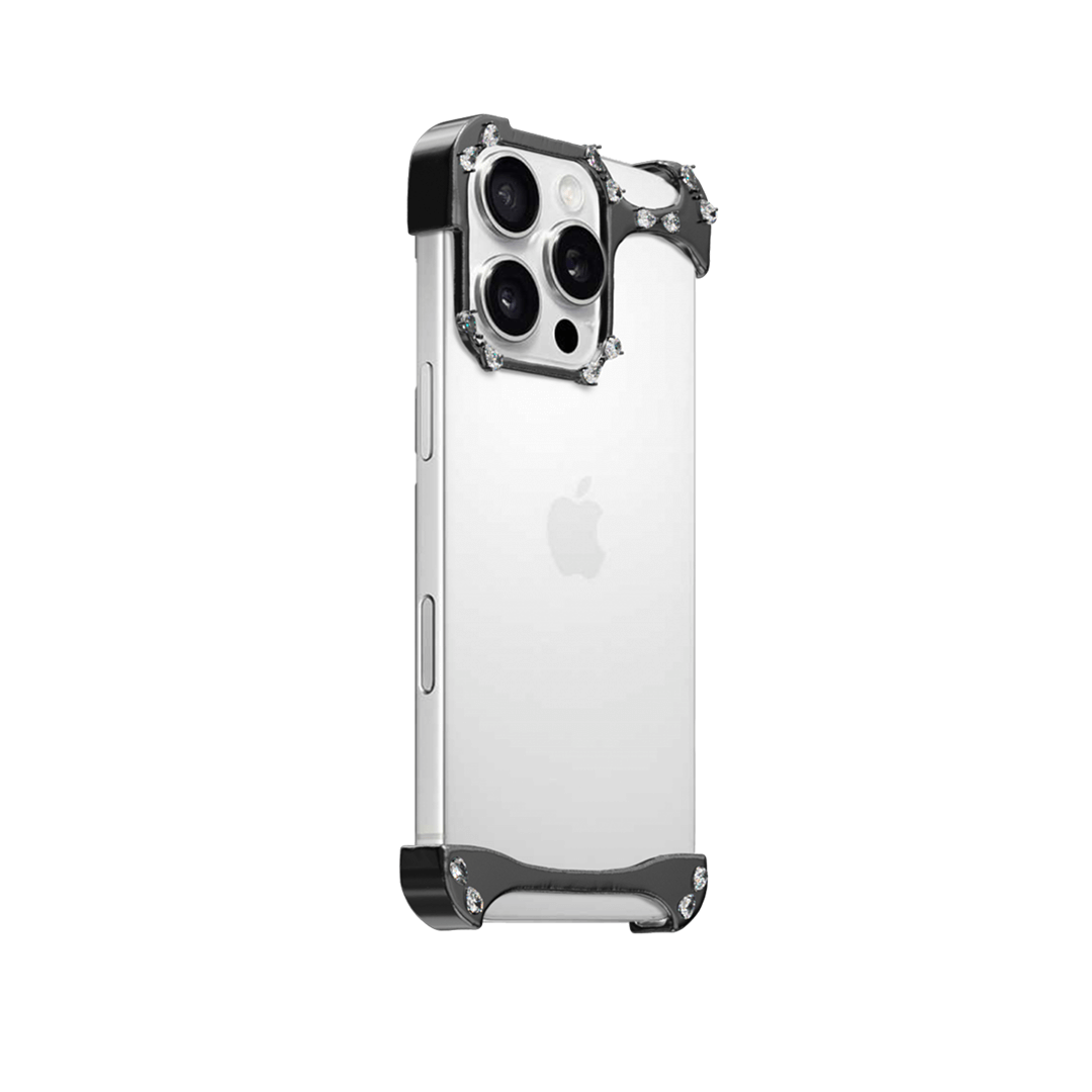 iPhone case with segmented silver chrome frame and embedded crystal studs, creating a minimalist, jewelry-inspired protective design.