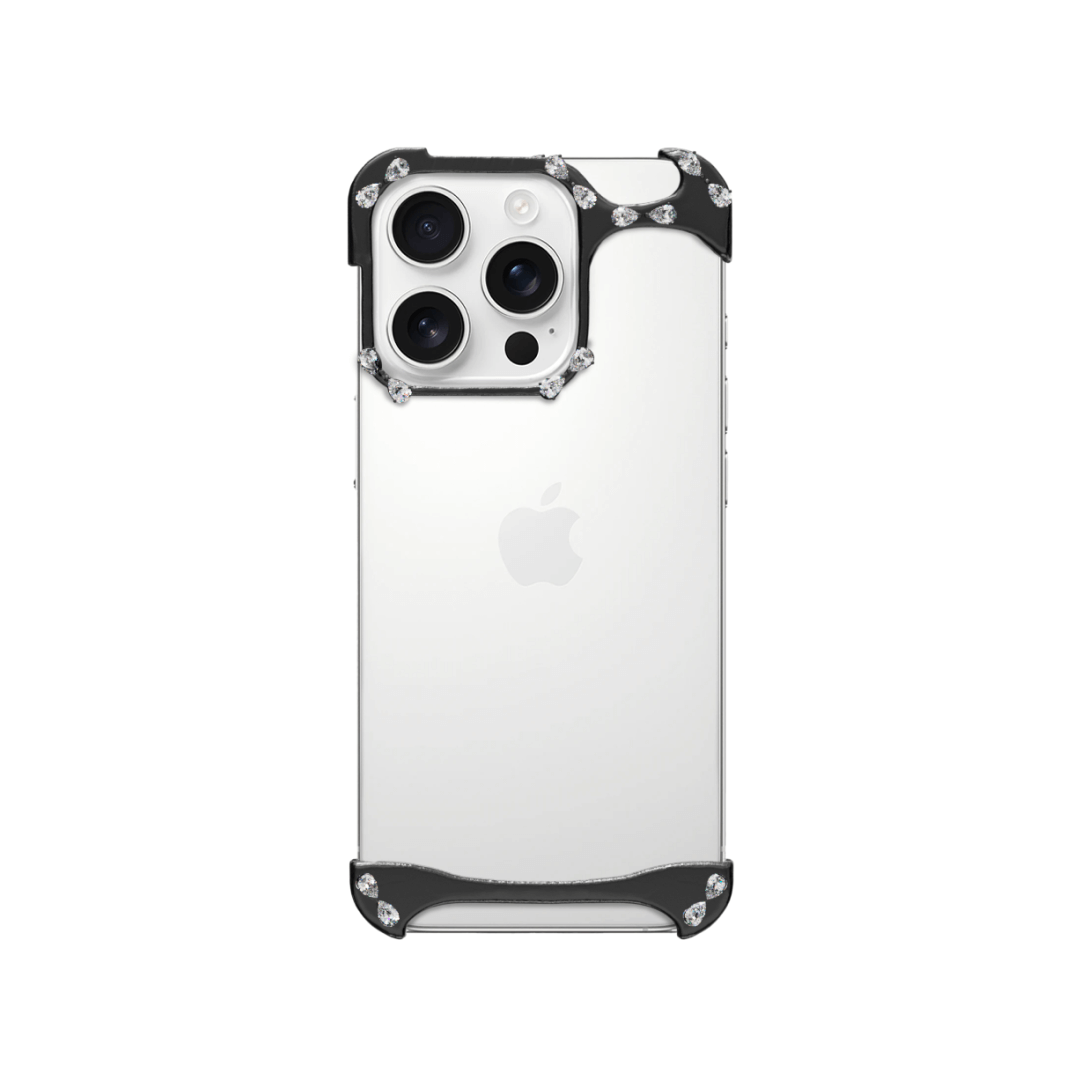 iPhone case with segmented silver chrome frame and embedded crystal studs, creating a minimalist, jewelry-inspired protective design.