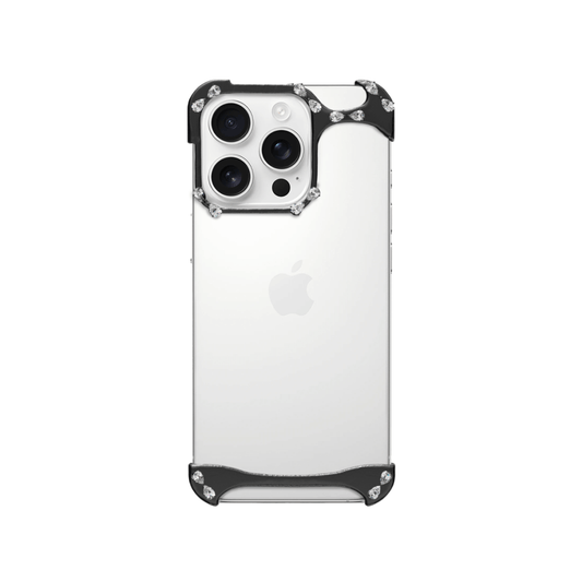 iPhone case with segmented silver chrome frame and embedded crystal studs, creating a minimalist, jewelry-inspired protective design.