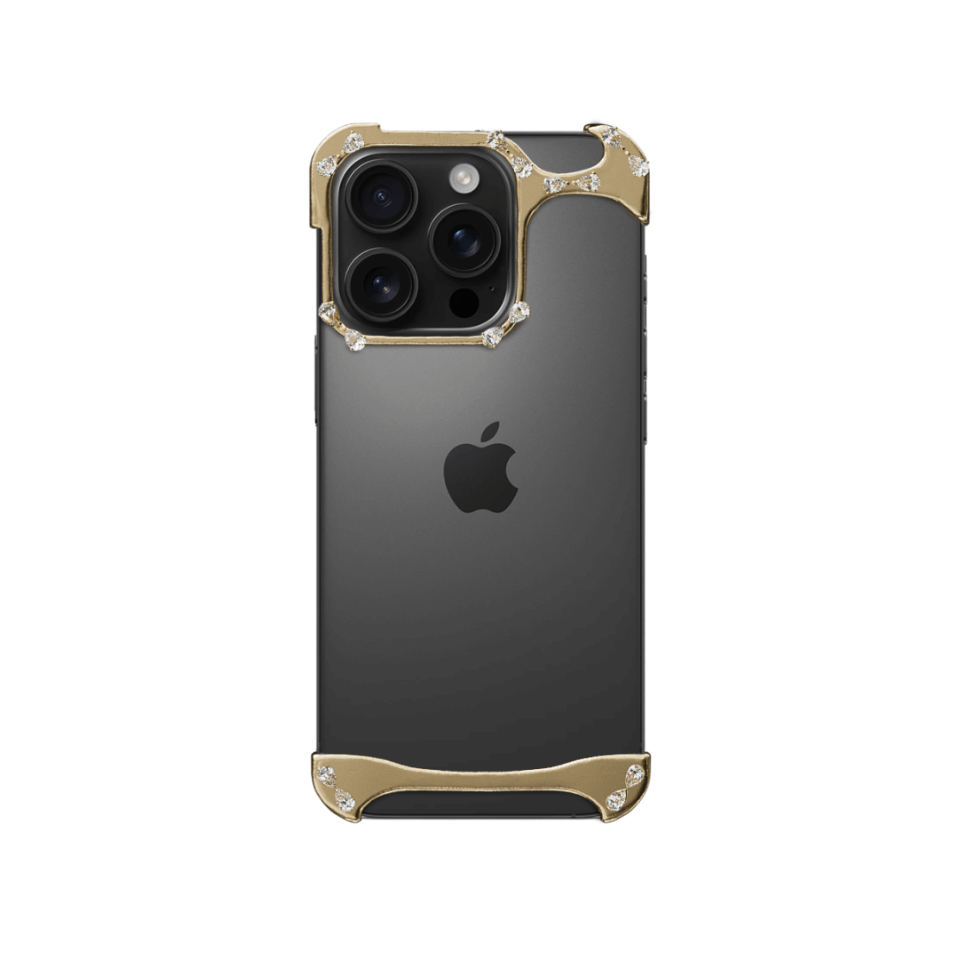 iPhone case with segmented silver chrome frame and embedded crystal studs, creating a minimalist, jewelry-inspired protective design.