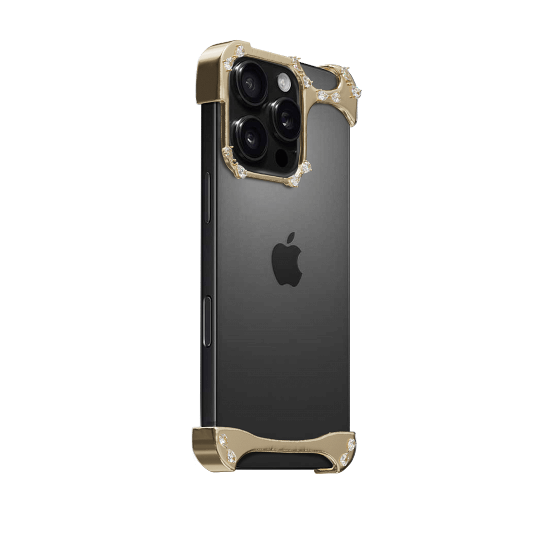 iPhone case with segmented silver chrome frame and embedded crystal studs, creating a minimalist, jewelry-inspired protective design.