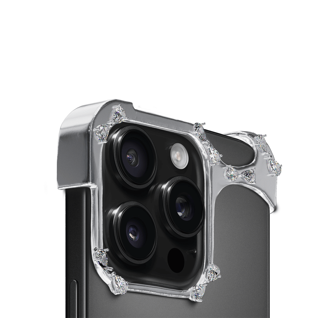 iPhone case with segmented silver chrome frame and embedded crystal studs, creating a minimalist, jewelry-inspired protective design.