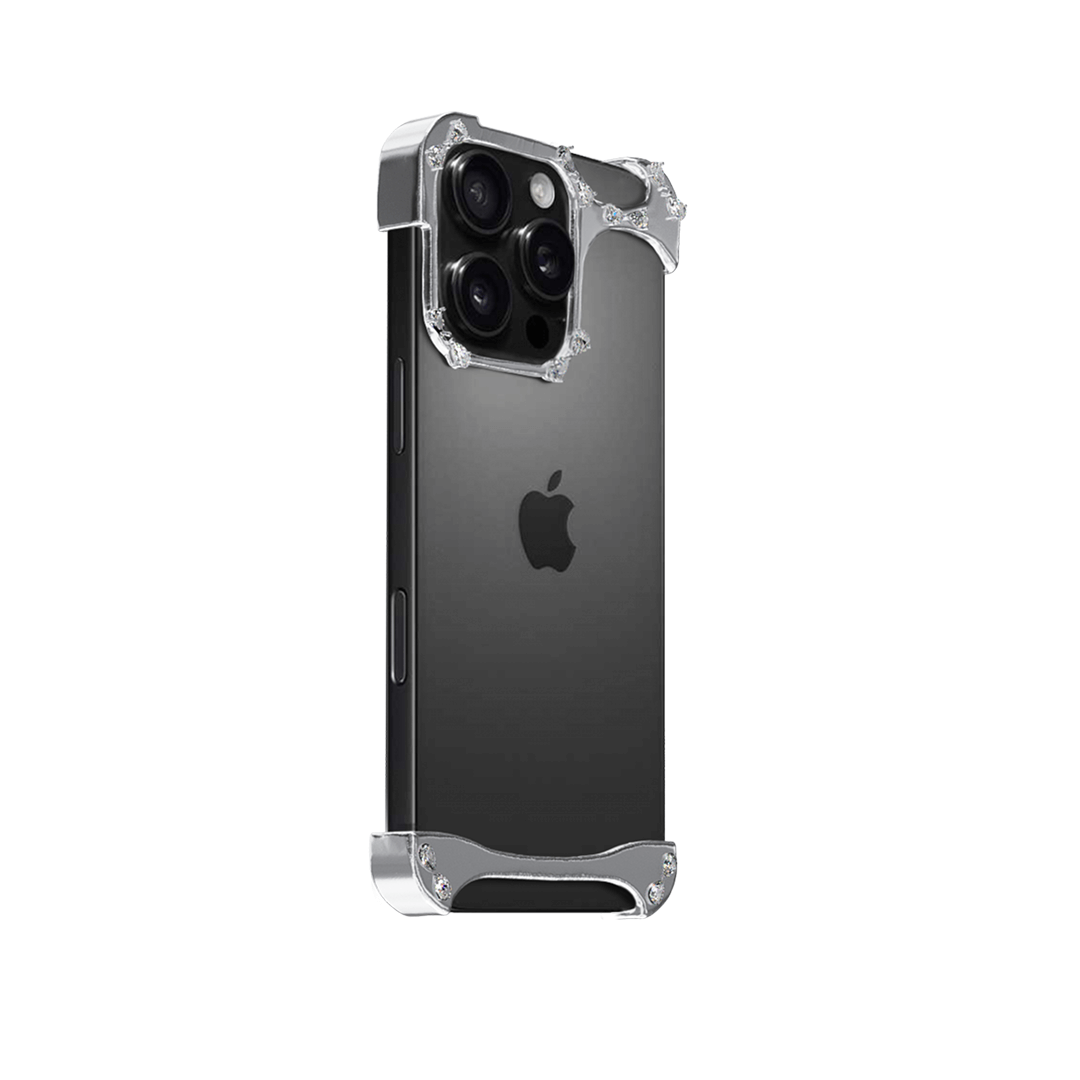 iPhone case with segmented silver chrome frame and embedded crystal studs, creating a minimalist, jewelry-inspired protective design.