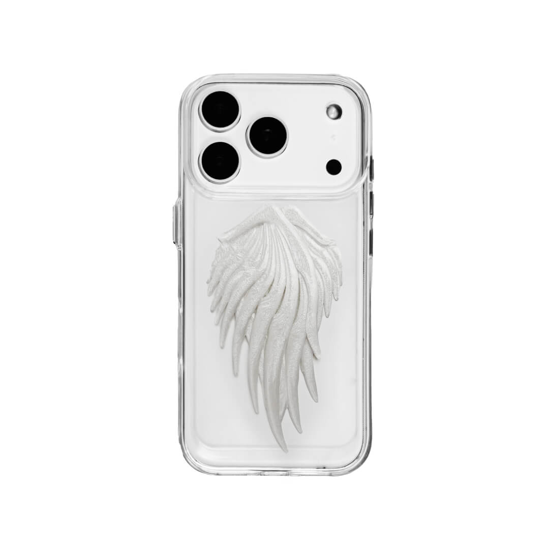 The Embroidered Double Wings iPhone Case featuring symmetrical white feathered wing embroidery and a shimmering central accent, shown on both the Crystal Clear (Transparent) and White Leather Texture base options.