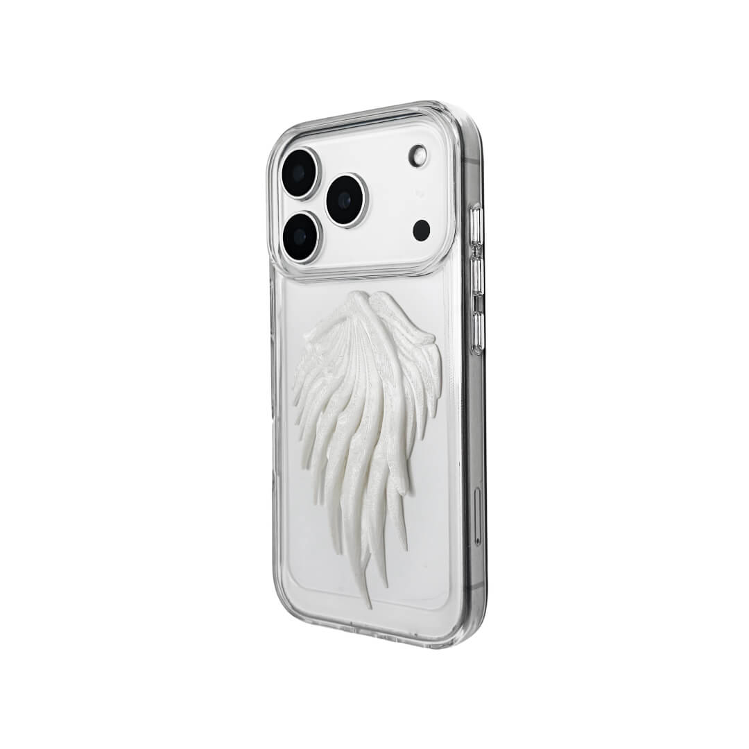 The Embroidered Double Wings iPhone Case featuring symmetrical white feathered wing embroidery and a shimmering central accent, shown on both the Crystal Clear (Transparent) and White Leather Texture base options.