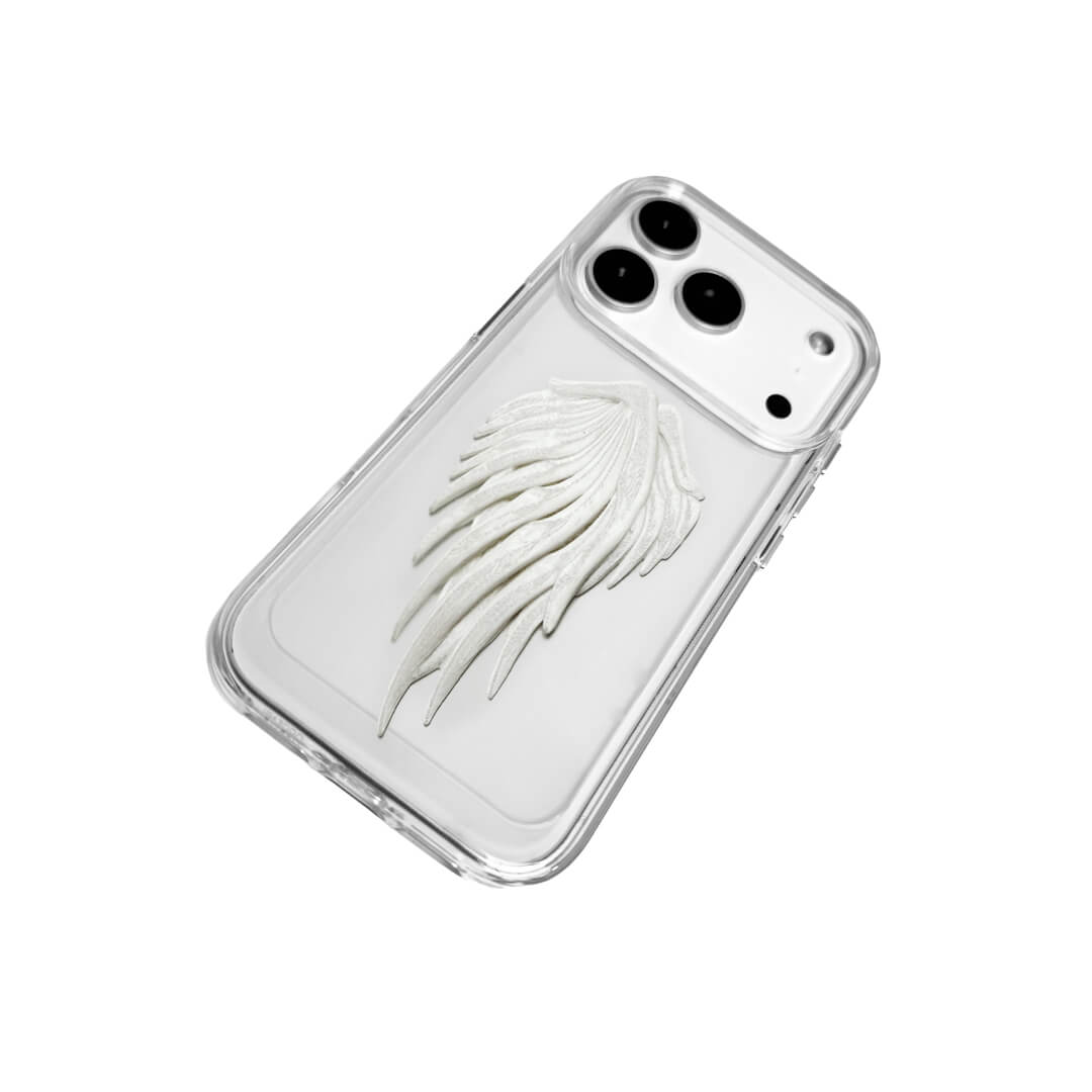 The Embroidered Double Wings iPhone Case featuring symmetrical white feathered wing embroidery and a shimmering central accent, shown on both the Crystal Clear (Transparent) and White Leather Texture base options.