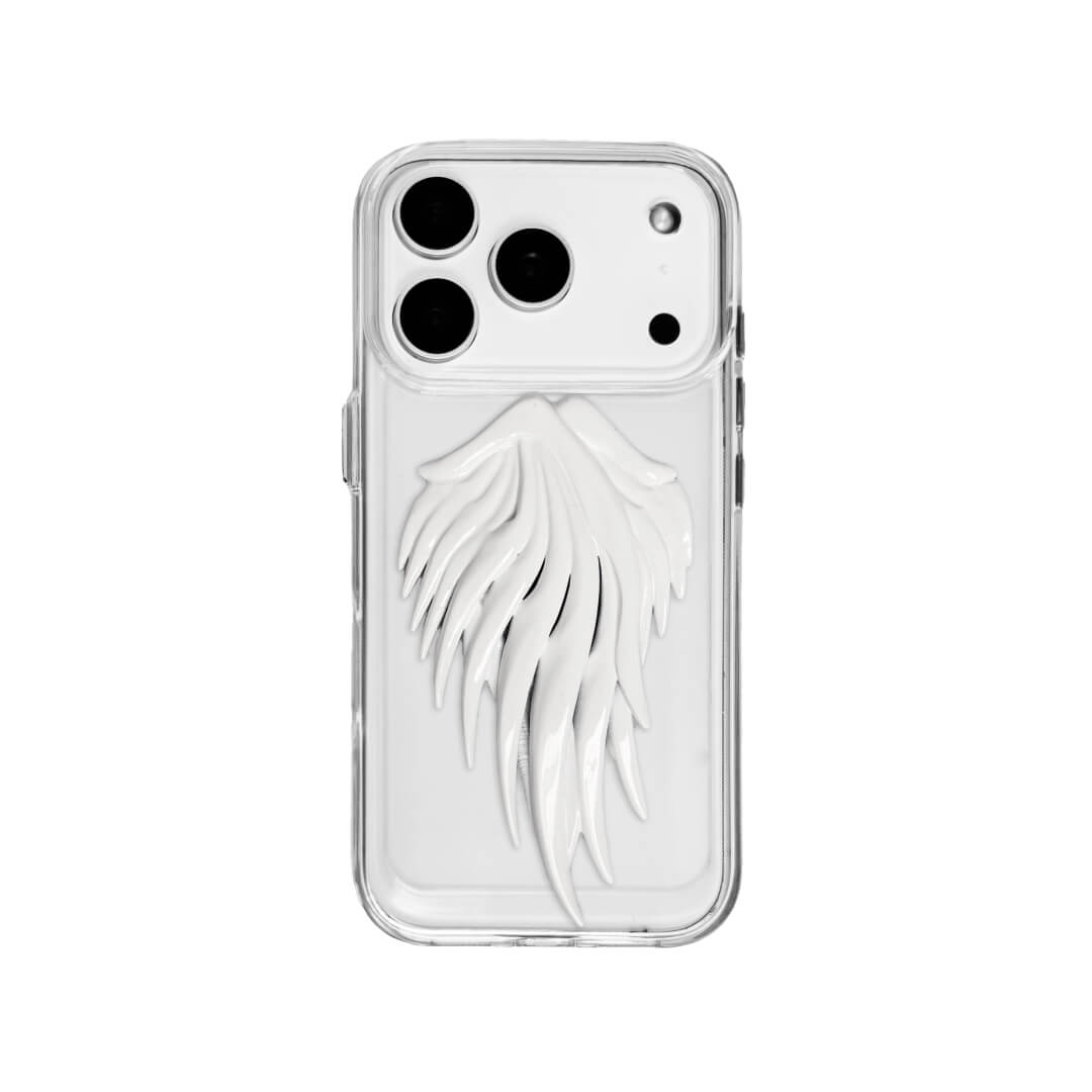 Double angel-wing iPhone case with pearlescent painted sculpted wings, shown on transparent and white leather-textured bases.