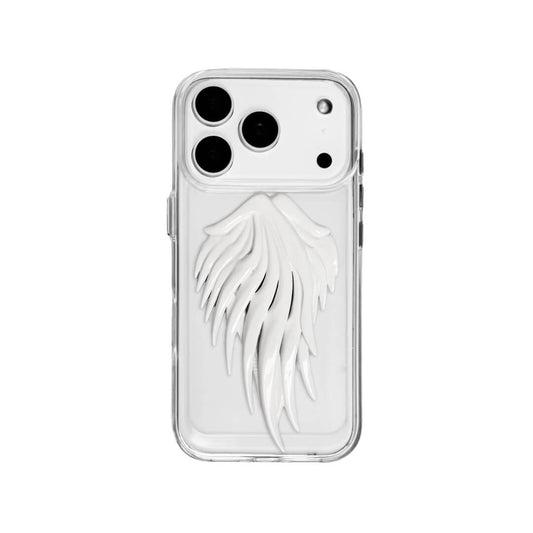 Double angel-wing iPhone case with pearlescent painted sculpted wings, shown on transparent and white leather-textured bases.