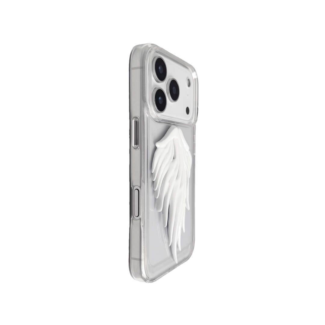 Double angel-wing iPhone case with pearlescent painted sculpted wings, shown on transparent and white leather-textured bases.