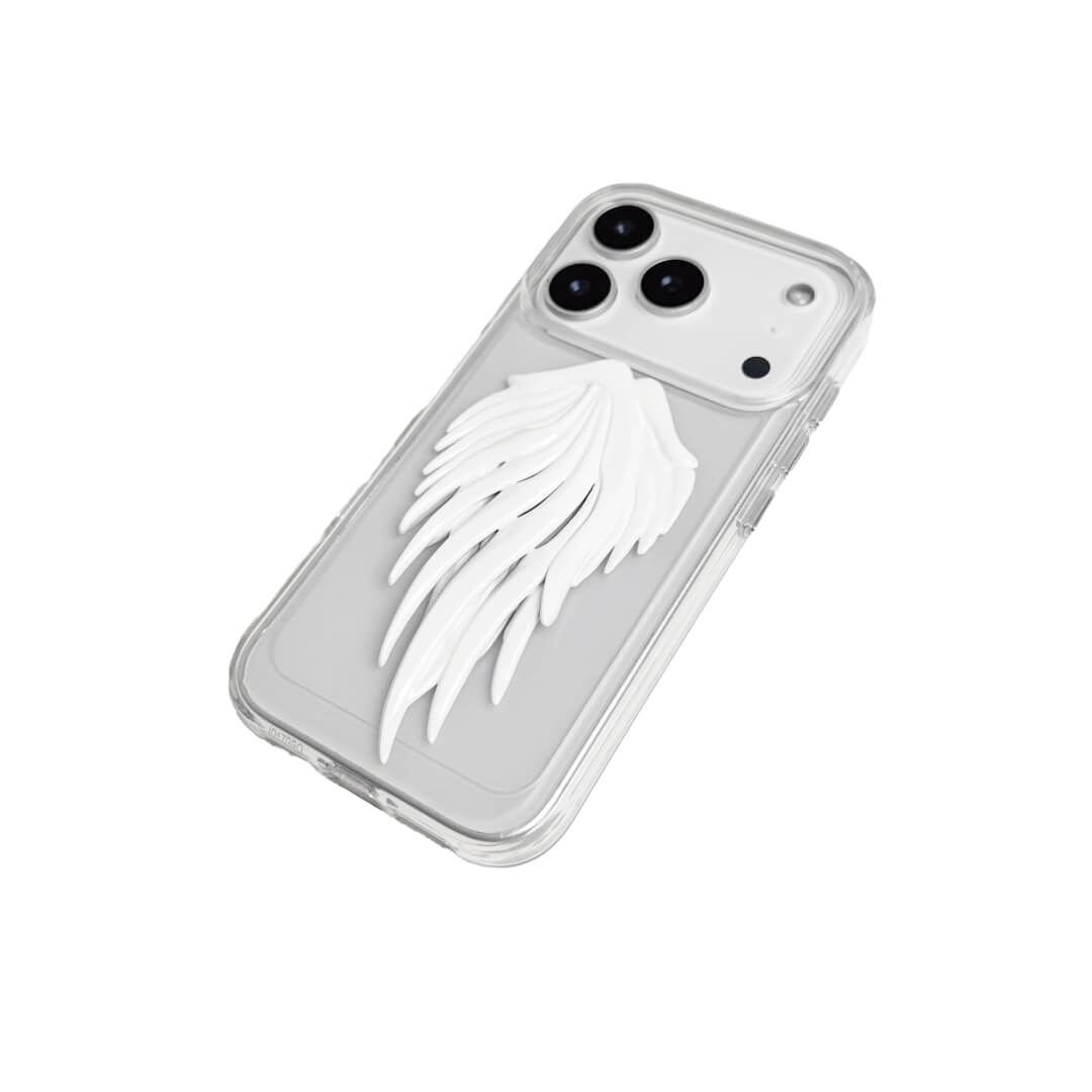 Double angel-wing iPhone case with pearlescent painted sculpted wings, shown on transparent and white leather-textured bases.