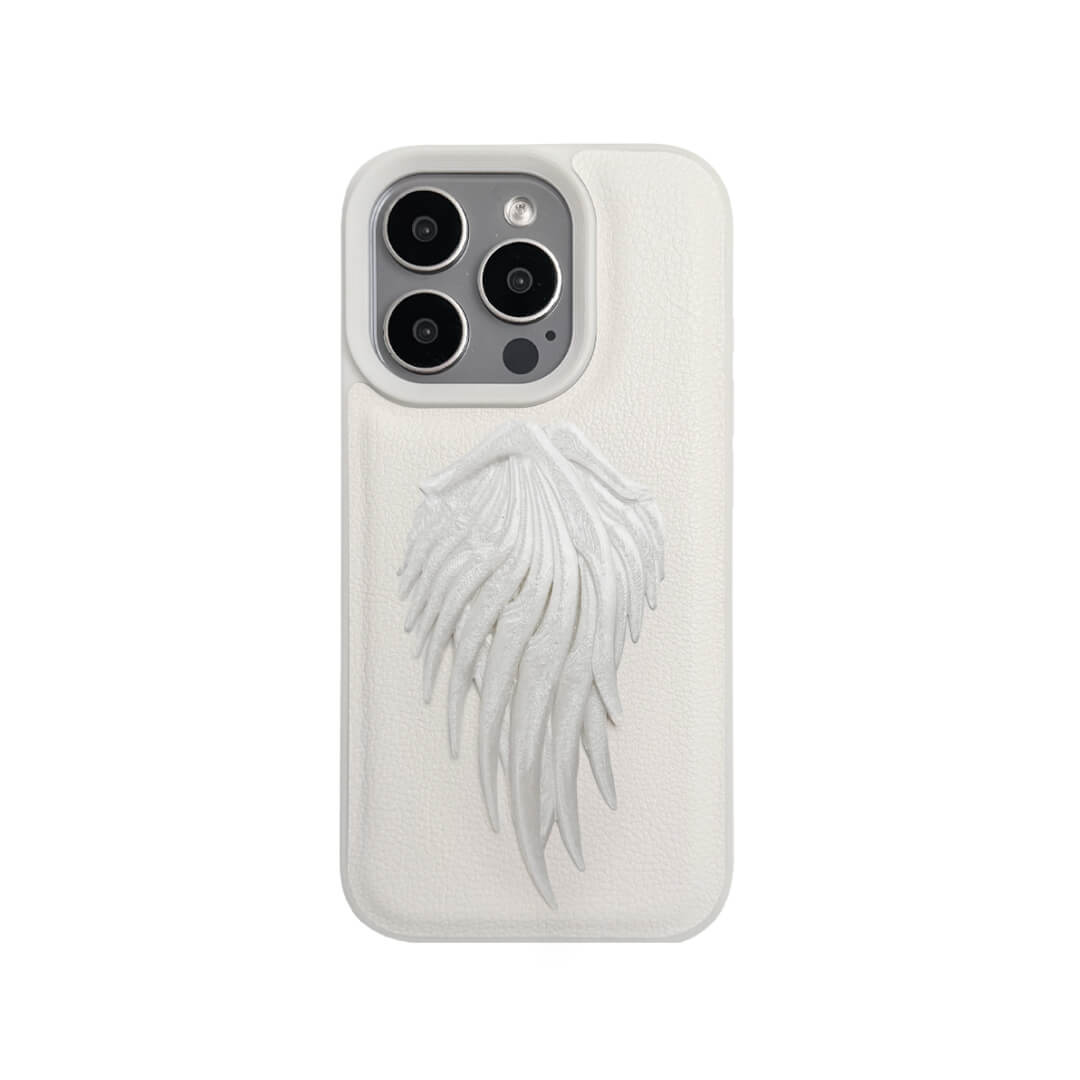 The Embroidered Double Wings iPhone Case featuring symmetrical white feathered wing embroidery and a shimmering central accent, shown on both the Crystal Clear (Transparent) and White Leather Texture base options.