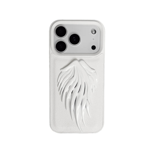 Double angel-wing iPhone case with pearlescent painted sculpted wings, shown on transparent and white leather-textured bases.