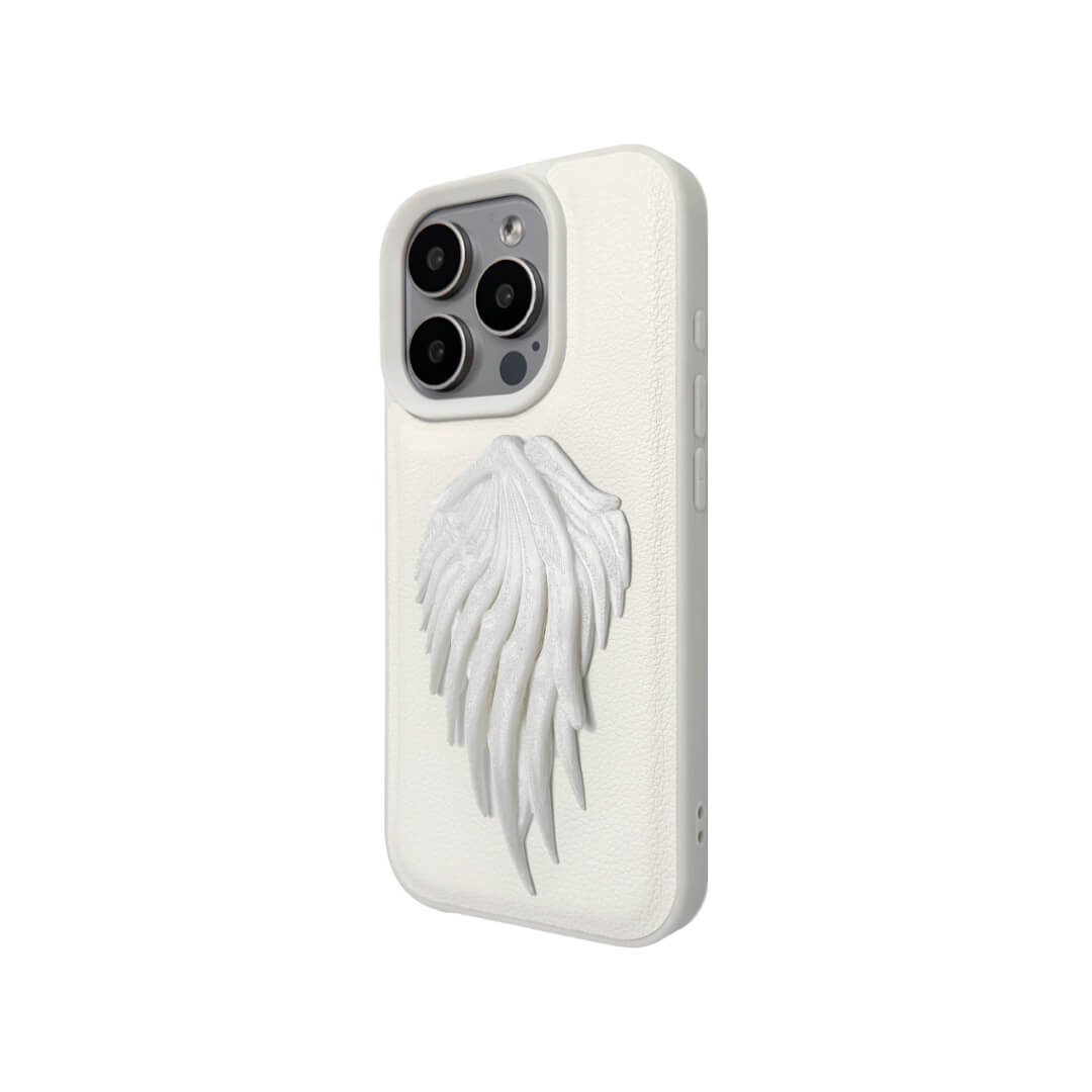 The Embroidered Double Wings iPhone Case featuring symmetrical white feathered wing embroidery and a shimmering central accent, shown on both the Crystal Clear (Transparent) and White Leather Texture base options.