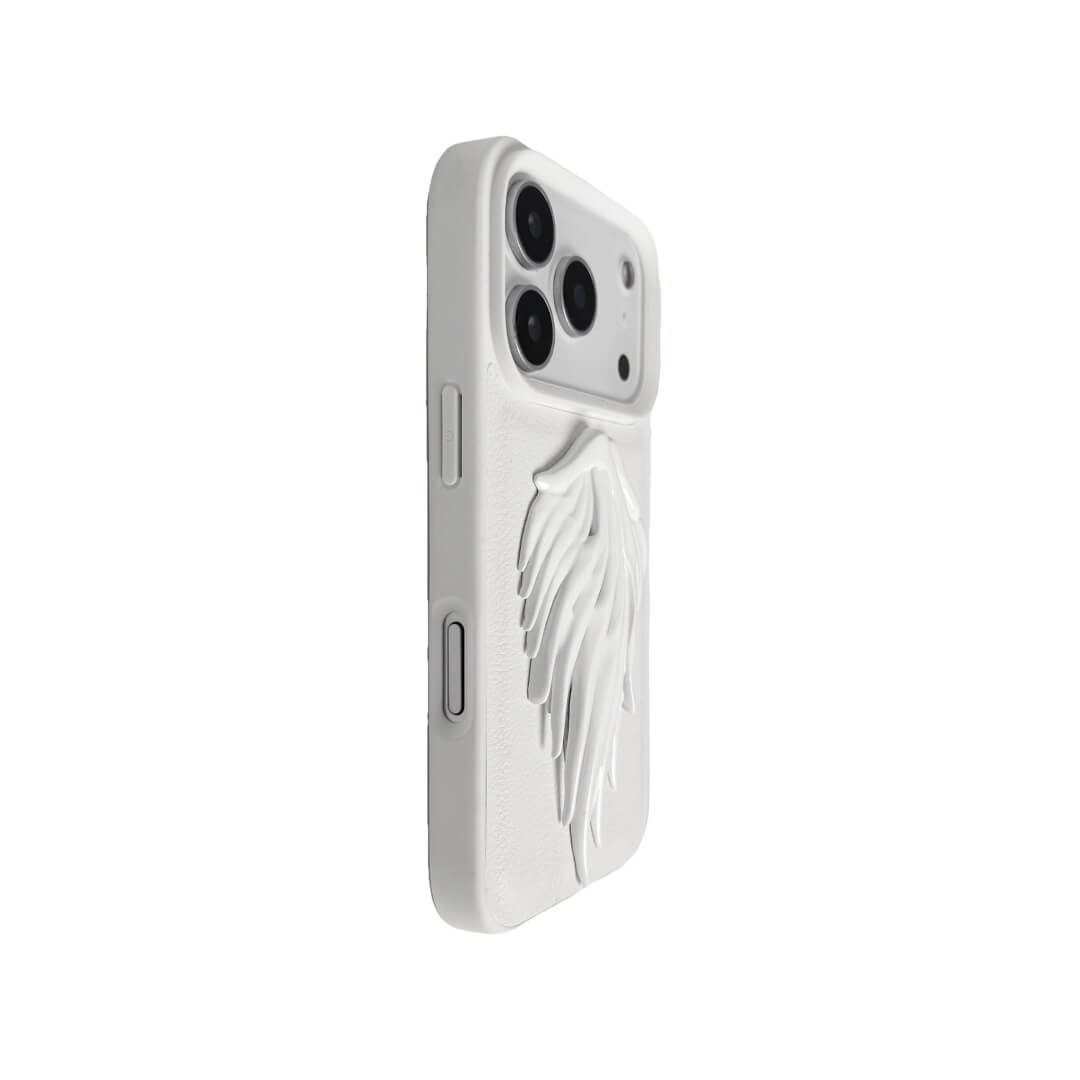 Double angel-wing iPhone case with pearlescent painted sculpted wings, shown on transparent and white leather-textured bases.