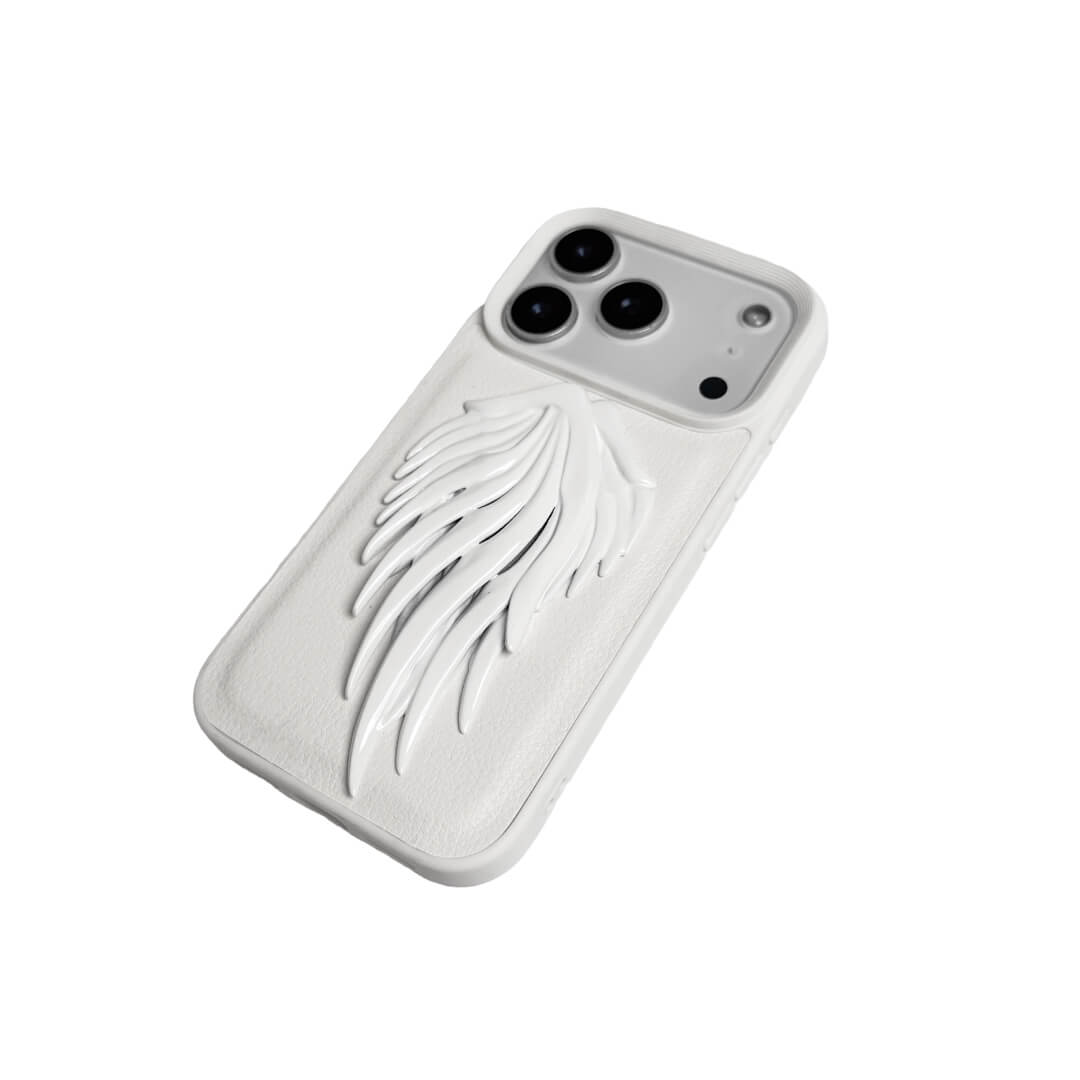 Double angel-wing iPhone case with pearlescent painted sculpted wings, shown on transparent and white leather-textured bases.