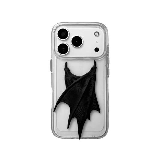 A high-concept iPhone case featuring a large, 3D-printed double demon wing ornament with a natural matte black finish. The wings are shown in two variations: one mounted on a Clear Transparent base, and another on a premium Black Litchi Leather textured base, highlighting the intricate, organic details of the sculptural wings.