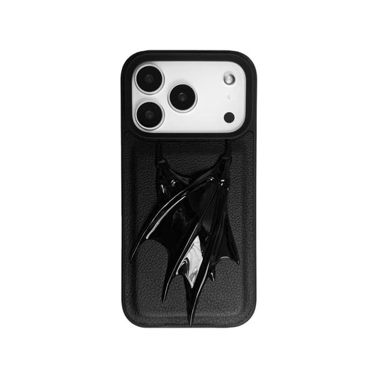 A 3D double demon wings iPhone case featuring two raised black wings, shown in both a transparent version and a black leather-textured version.