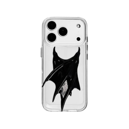 A 3D double demon wings iPhone case featuring two raised black wings, shown in both a transparent version and a black leather-textured version.