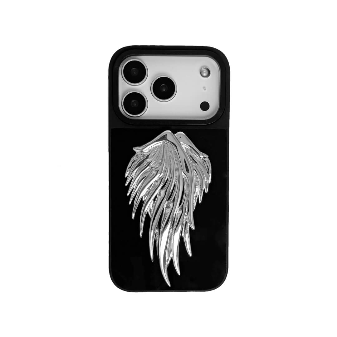 The Double Silver Angel Wings iPhone Case featuring a pair of symmetrical, 3D sculpted silver metallic wings with a high-shine chrome finish. Shown in three base variations: Silver, Transparent, and Black.