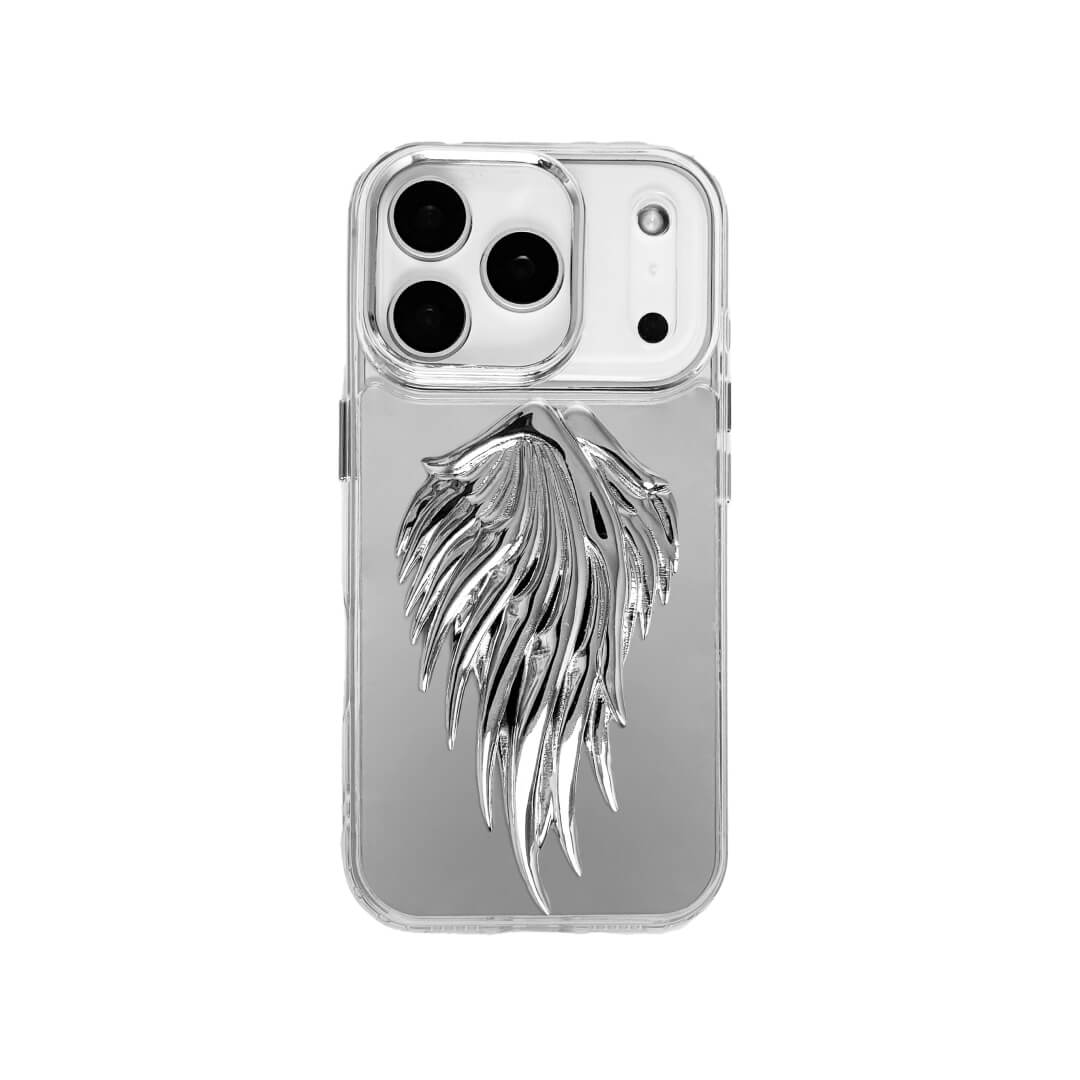 The Double Silver Angel Wings iPhone Case featuring a pair of symmetrical, 3D sculpted silver metallic wings with a high-shine chrome finish. Shown in three base variations: Silver, Transparent, and Black.