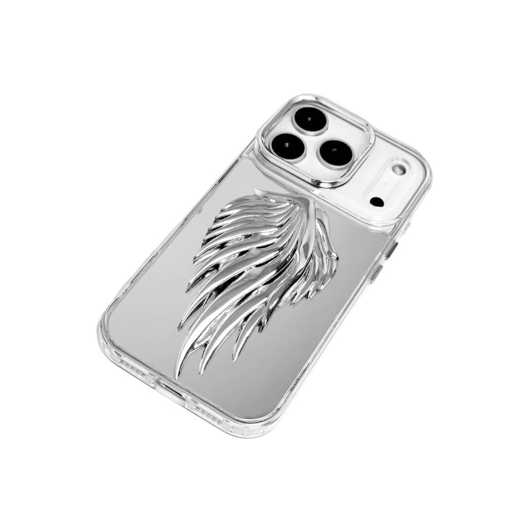 The Double Silver Angel Wings iPhone Case featuring a pair of symmetrical, 3D sculpted silver metallic wings with a high-shine chrome finish. Shown in three base variations: Silver, Transparent, and Black.