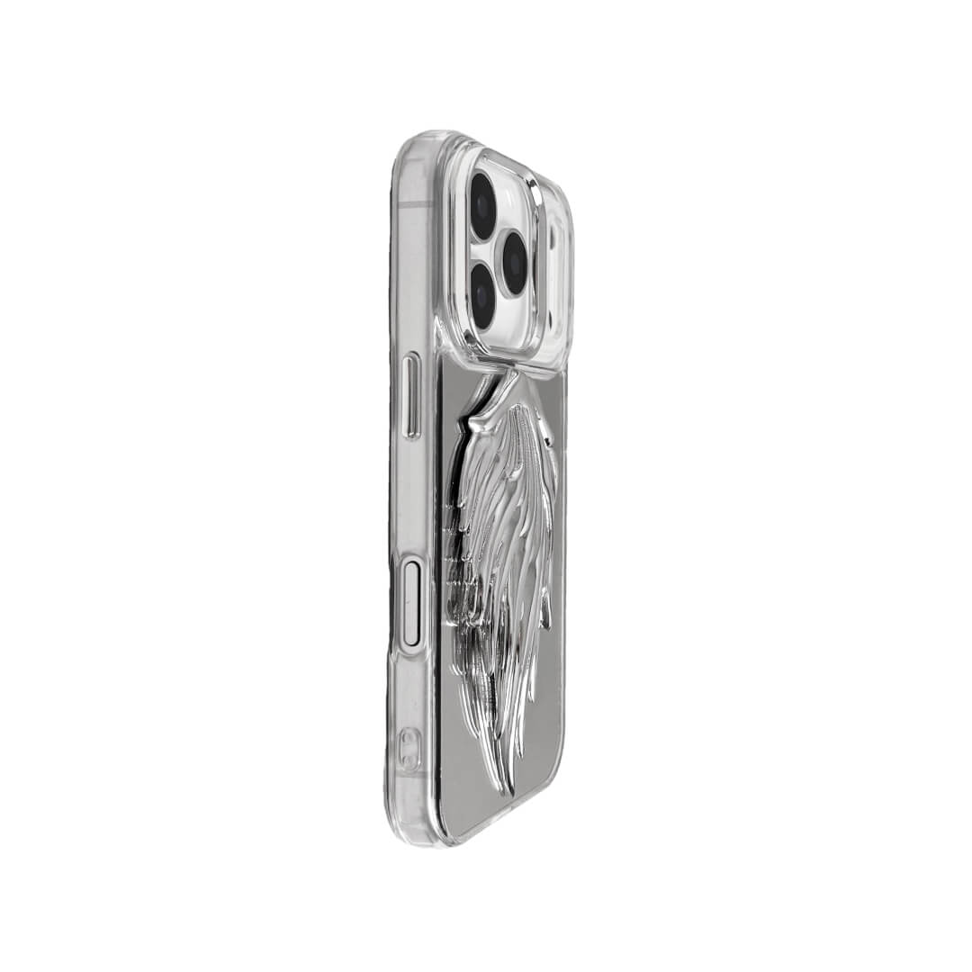 The Double Silver Angel Wings iPhone Case featuring a pair of symmetrical, 3D sculpted silver metallic wings with a high-shine chrome finish. Shown in three base variations: Silver, Transparent, and Black.