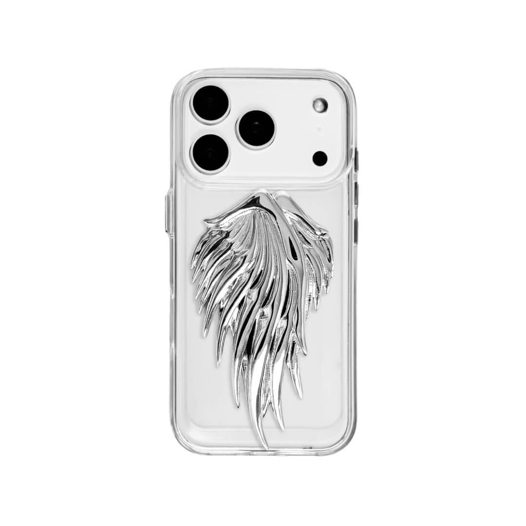The Double Silver Angel Wings iPhone Case featuring a pair of symmetrical, 3D sculpted silver metallic wings with a high-shine chrome finish. Shown in three base variations: Silver, Transparent, and Black.