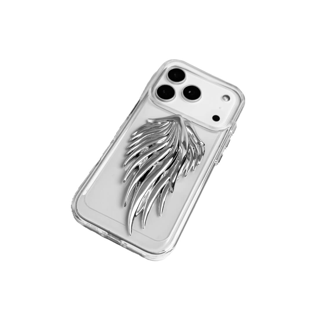 The Double Silver Angel Wings iPhone Case featuring a pair of symmetrical, 3D sculpted silver metallic wings with a high-shine chrome finish. Shown in three base variations: Silver, Transparent, and Black.