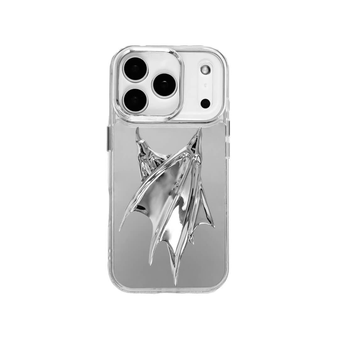 The Double Silver Demon Wings iPhone Case featuring symmetrical, sharp 3D sculpted silver metallic wings with a high-shine chrome finish. Shown in three base variations: Silver, Transparent, and Black.