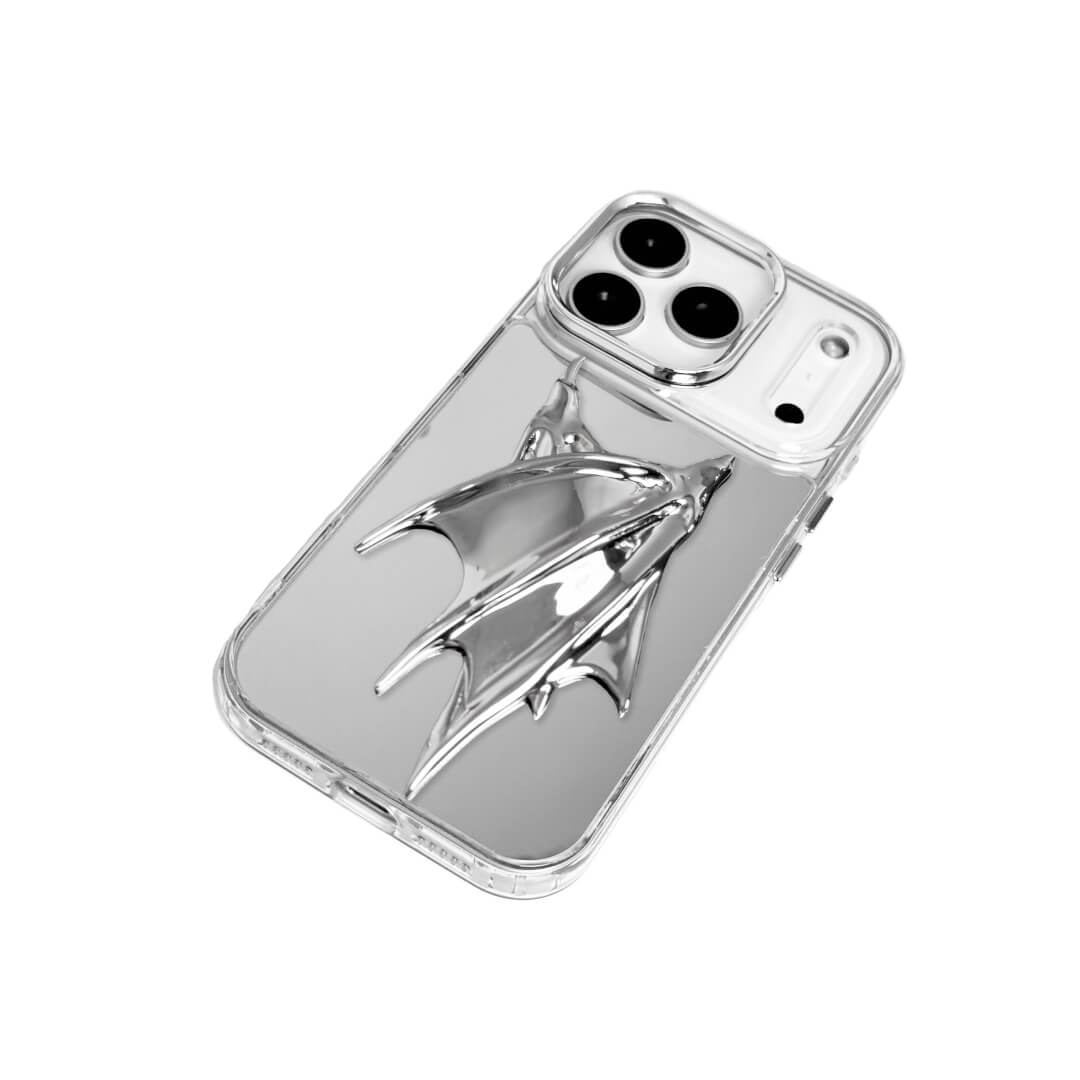 The Double Silver Demon Wings iPhone Case featuring symmetrical, sharp 3D sculpted silver metallic wings with a high-shine chrome finish. Shown in three base variations: Silver, Transparent, and Black.